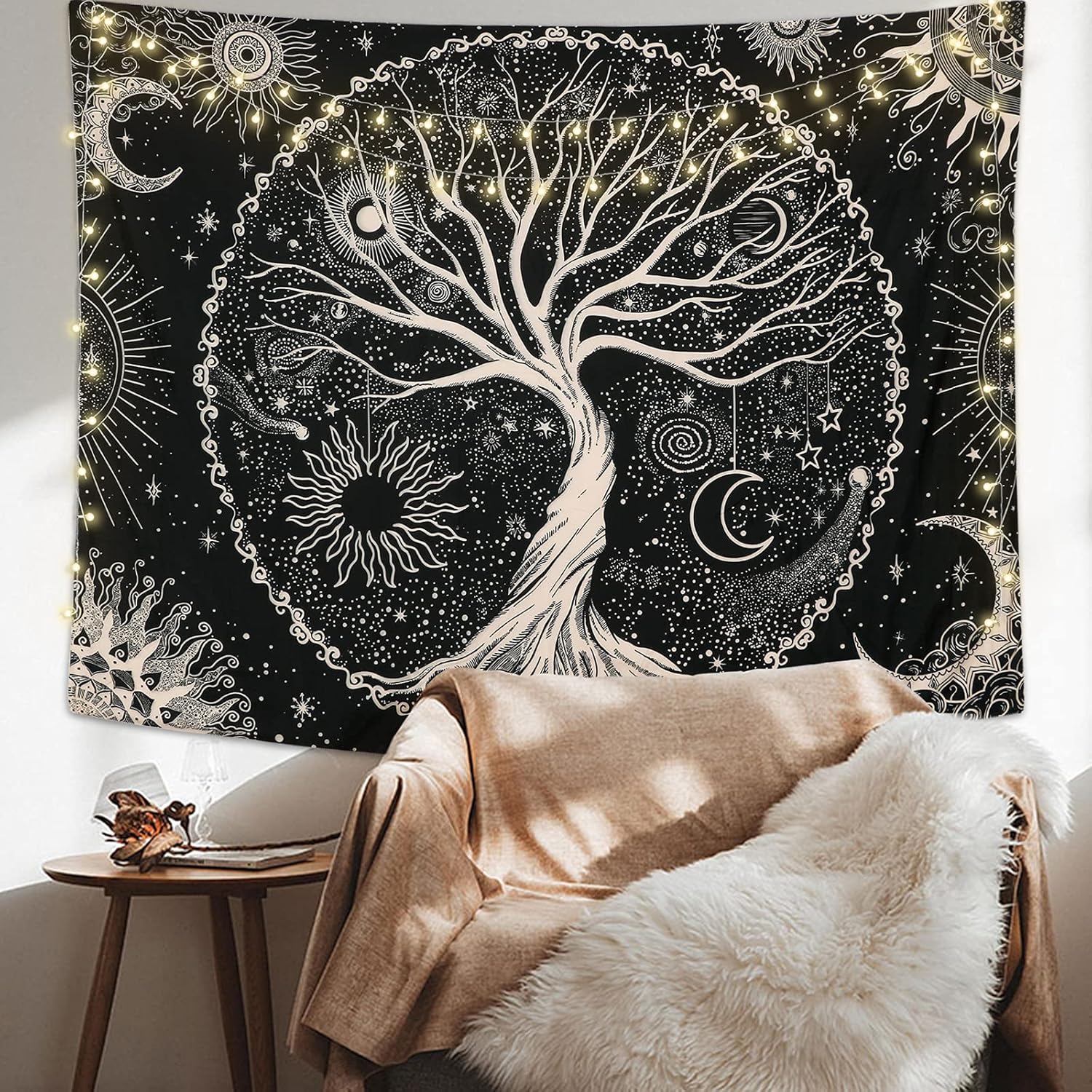 Betylifoy Baum des Lebens Tapisserie Mond und Sonne Schwarzer Wandbehang Tapisserie Psychedelisches Mandala Sternenhimmel Wandteppich Hippie Tapisserie für Schlafzimmer (148x200cm)