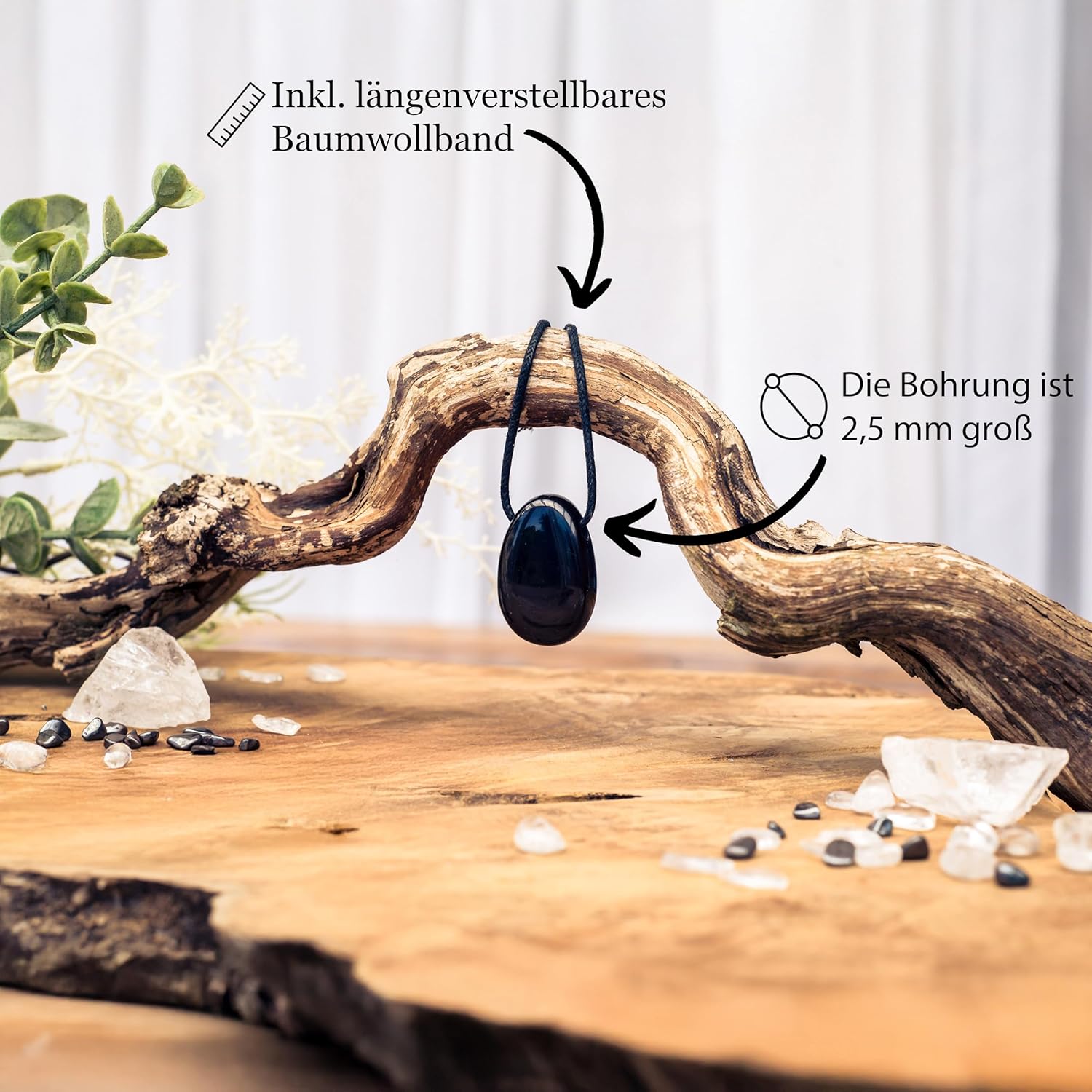 Lebensquelle Plus Black Tourmaline Schörl Drop Pendant Tumbled Stone Drilled with Leather Cord