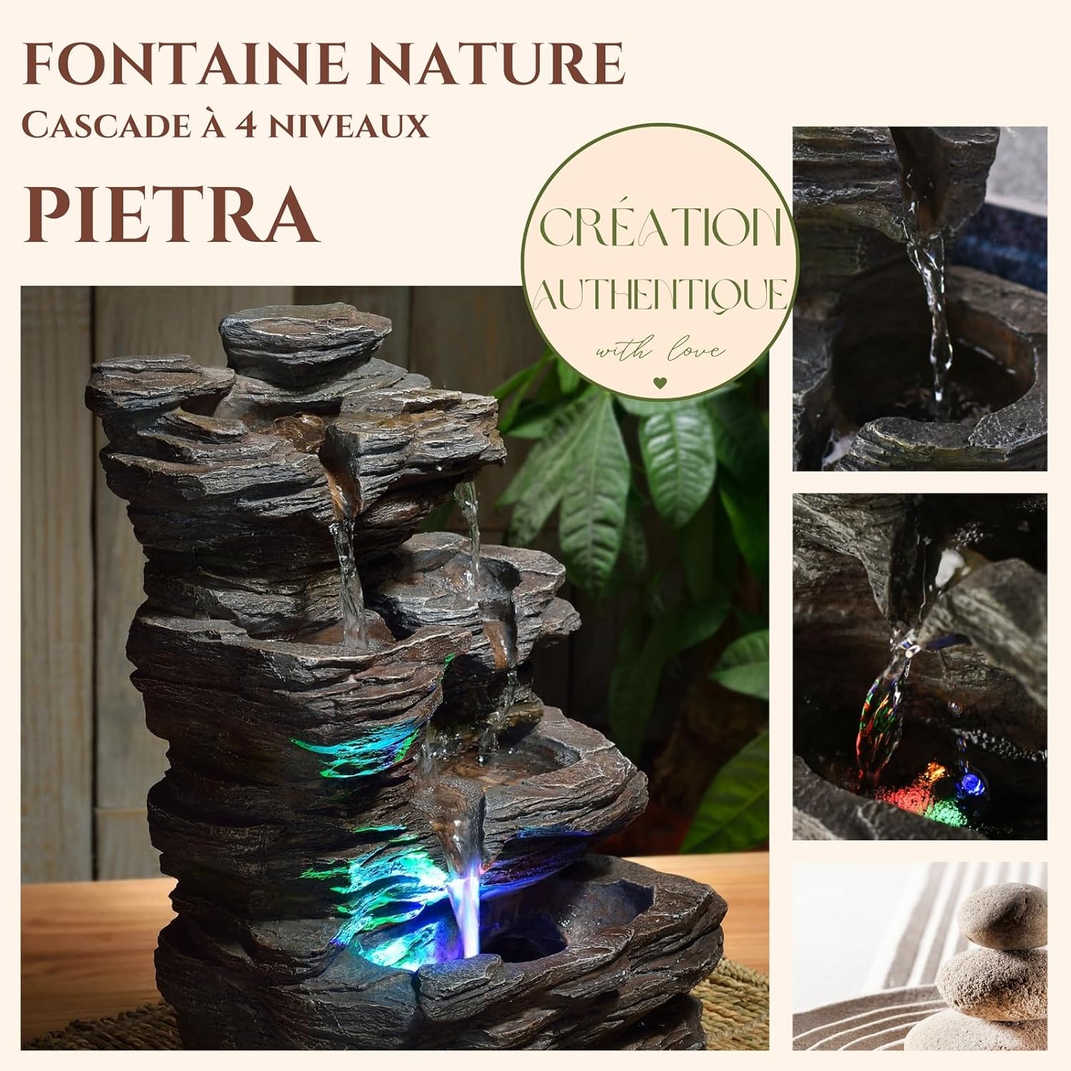 Zen’Light - Zimmerbrunnen Pietra - Steinoptik aus Kunstharz mit Bunten Lichteffekten - Moderne Zen Deko, Meditation & Entspannung - Glücksbringer - H35cm