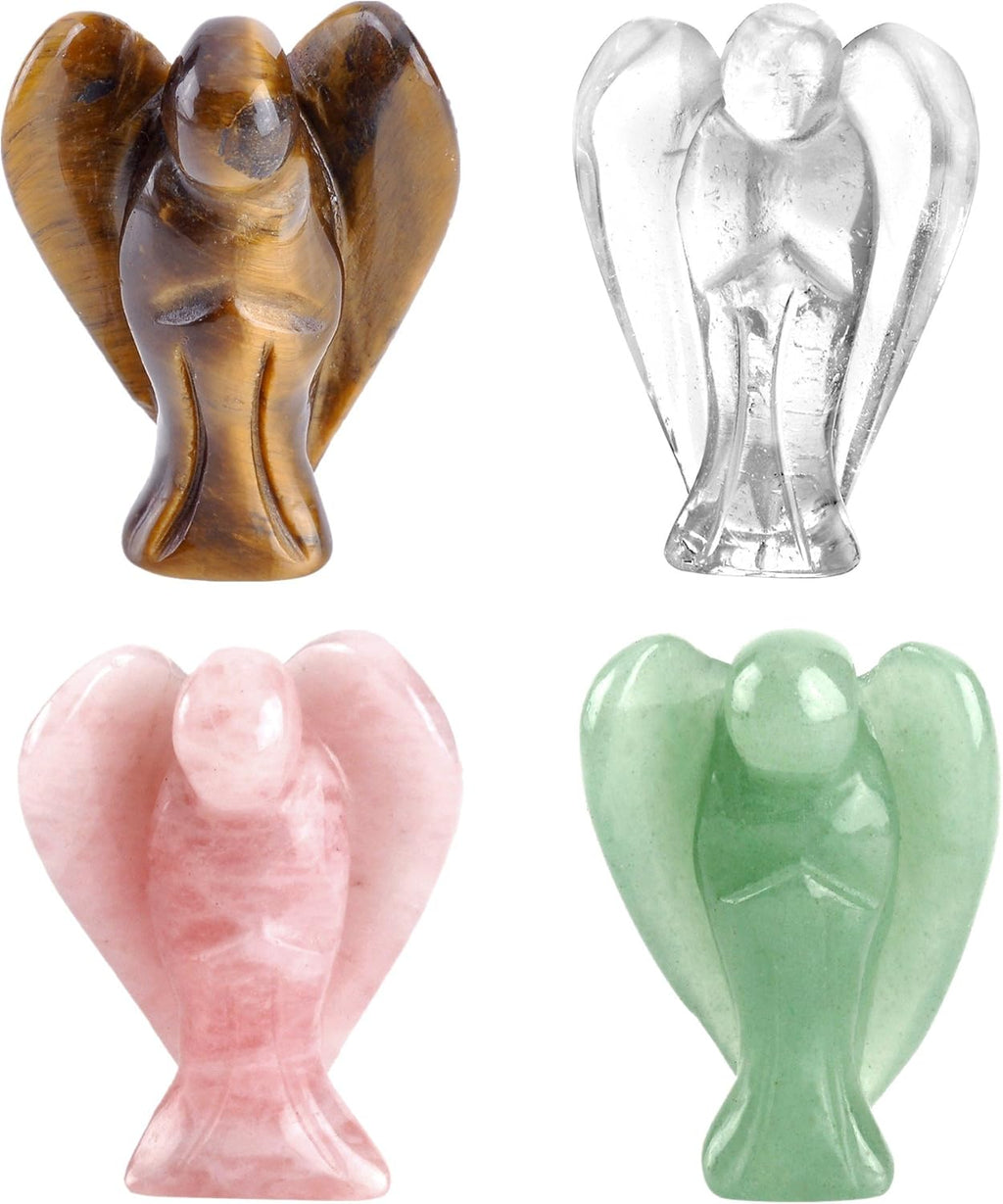 CrystalTears 4 pcs Engel Figuren Edelsteine Engel Deko Set 4cm Schutzengel zum Mitnehmen Talisman Sammlerfiguren(Rosenquarz+ Tigeraugen+ grüner Aventurin+Bergkristall)