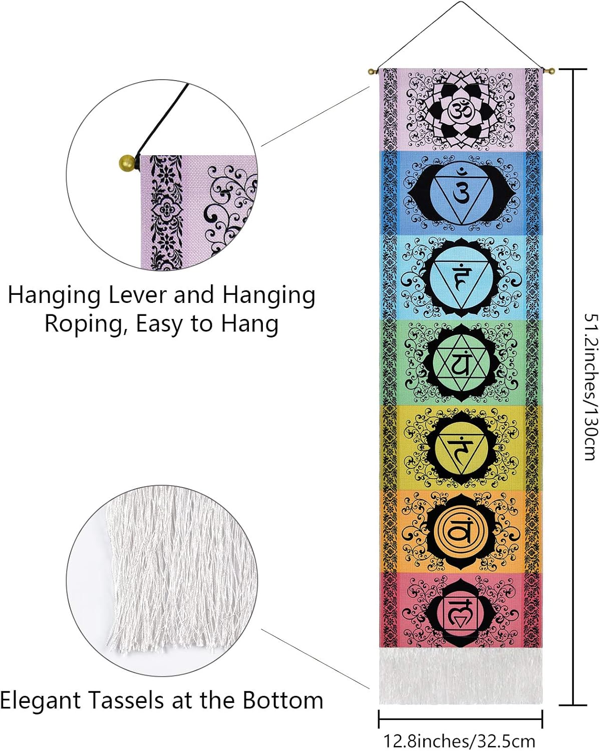 Yugarlibi Chakra Wandbehang, Meditation Yoga Wandteppich Bunt, Psychedelic Trippy Wandteppich mit Quaste, Mandala Tapisserie Wall Hangings für Schlafzimmer Wohnzimmer, Schwarz Chakra 130x32.5cm