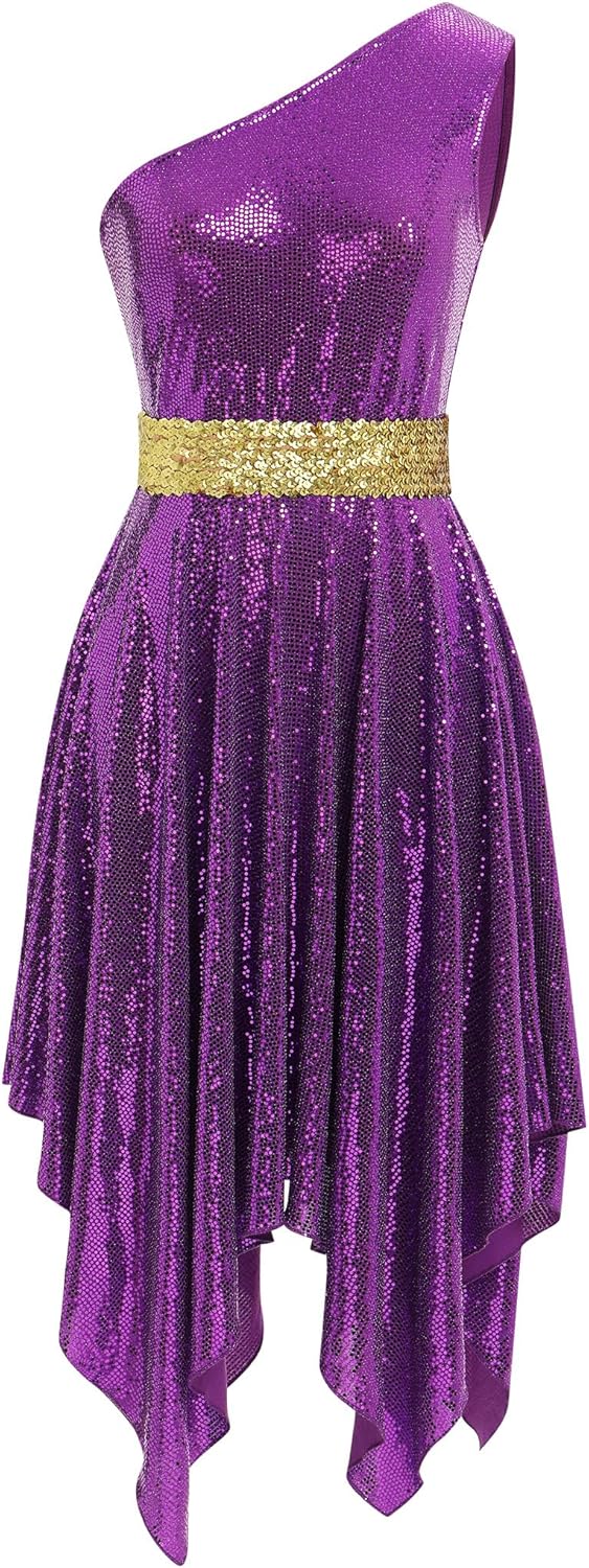 IBAKOM Women Sparkly Praise Dance Tunic Dress One Shoulder Gltter Sequins Worship Overlay Adult Church Liturgical Dancewear
