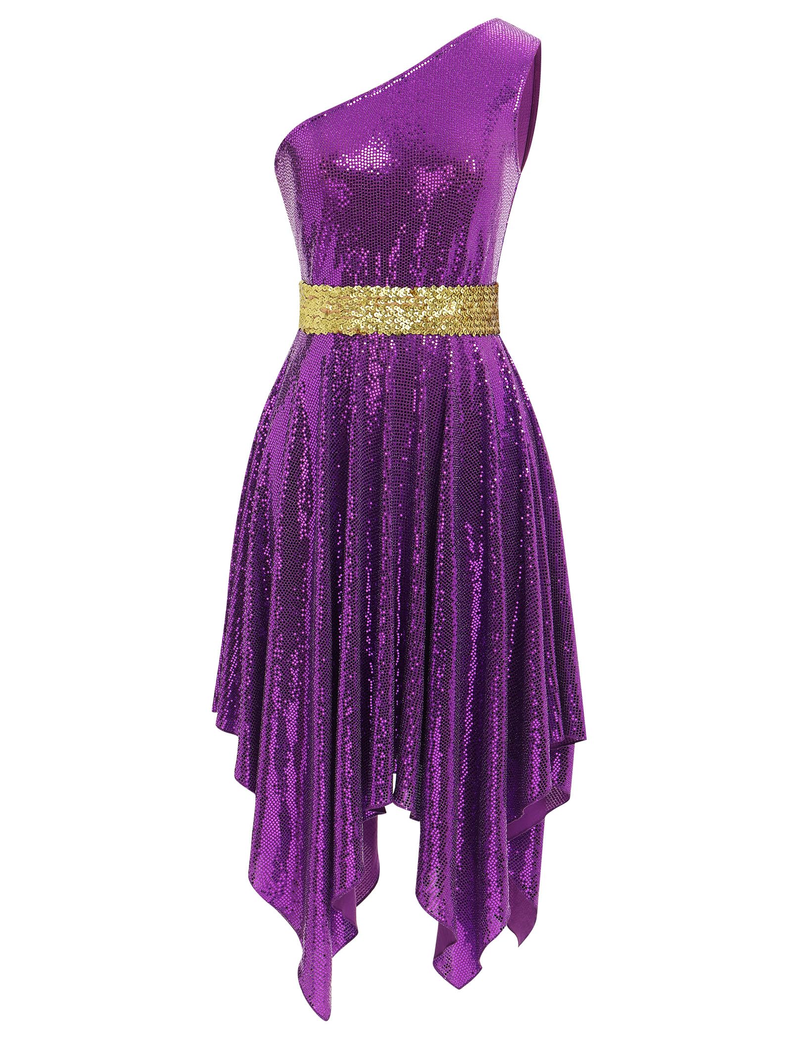 IBAKOM Women Sparkly Praise Dance Tunic Dress One Shoulder Gltter Sequins Worship Overlay Adult Church Liturgical Dancewear