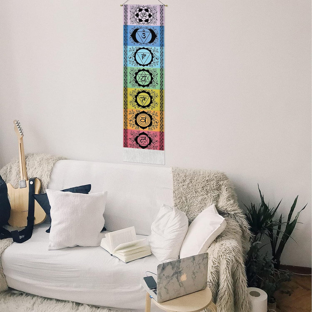 Yugarlibi Chakra Wandbehang, Meditation Yoga Wandteppich Bunt, Psychedelic Trippy Wandteppich mit Quaste, Mandala Tapisserie Wall Hangings für Schlafzimmer Wohnzimmer, Schwarz Chakra 130x32.5cm