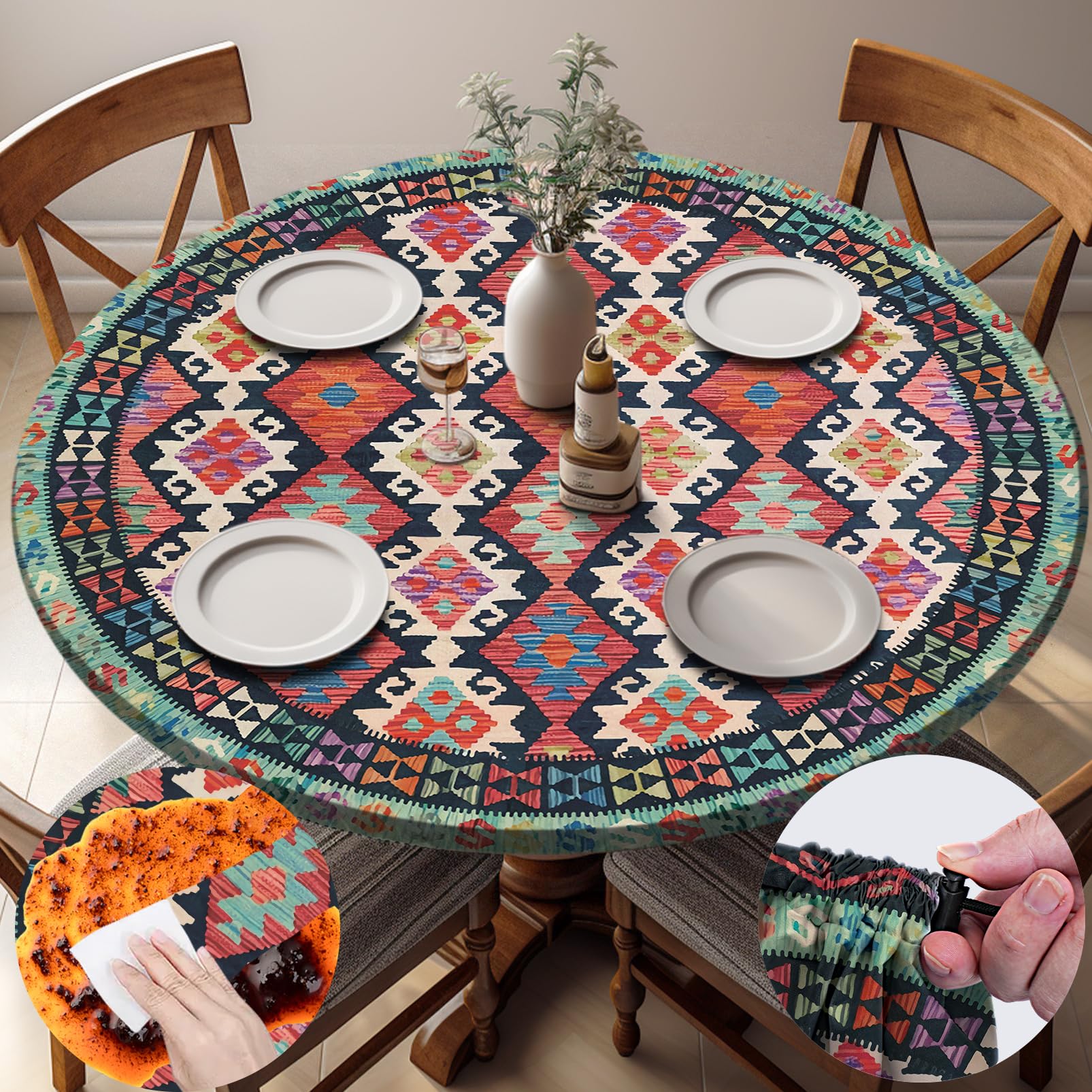 opstellen Fitted Round Tablecloth Waterproof Table Cloth Vinyl Indoor Outdoor Circle Cover for 36-44" Tables Dining Kitchen Apartment Home Party Gear Gifts Summer Fall Patio Picnic Camping Essentials