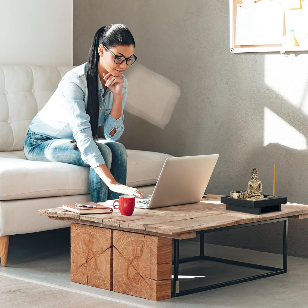 Relaxdays Zen Garten, mit Buddha, Steinen, Sand, Räucherstäbchen & Teelichthalter, Entspannung, Feng Shui Deko, schwarz