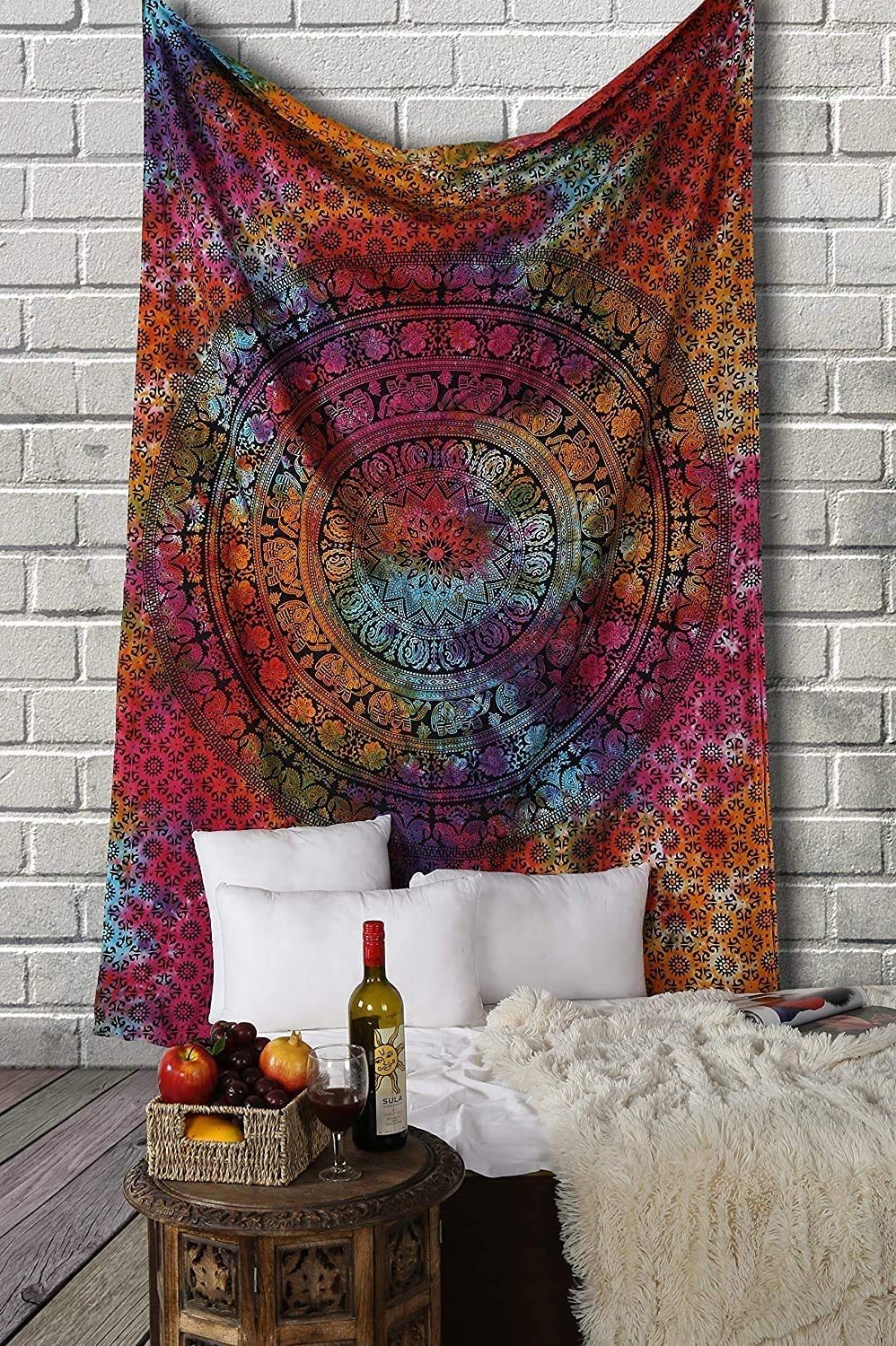 RAJRANG Mandala Wandteppich Schwarz Weiß 213 x 137 cm Baumwolle Boho Böhmischer Wandbehang für Wohnzimmer Dekor