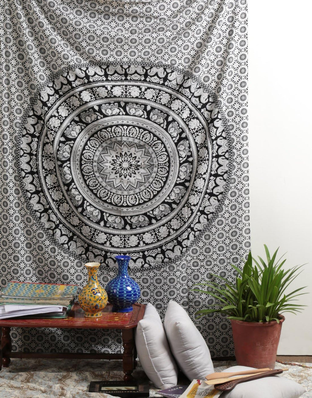 RAJRANG Mandala Wandteppich Schwarz Weiß 213 x 137 cm Baumwolle Boho Böhmischer Wandbehang für Wohnzimmer Dekor