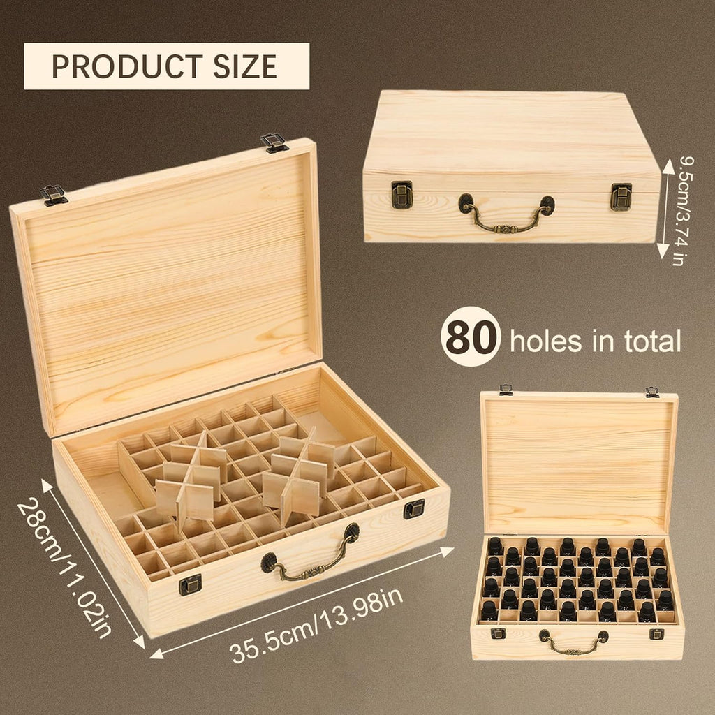 80 Löcher Ätherisches Öl Halter Regal aus Holz Aufbewahrungsbox Drehbarer Präsentationsständer Display Box Organisator, Tragbar Holz Aromatherapie Ätherische Öle Flaschen Koffer mit Deckel