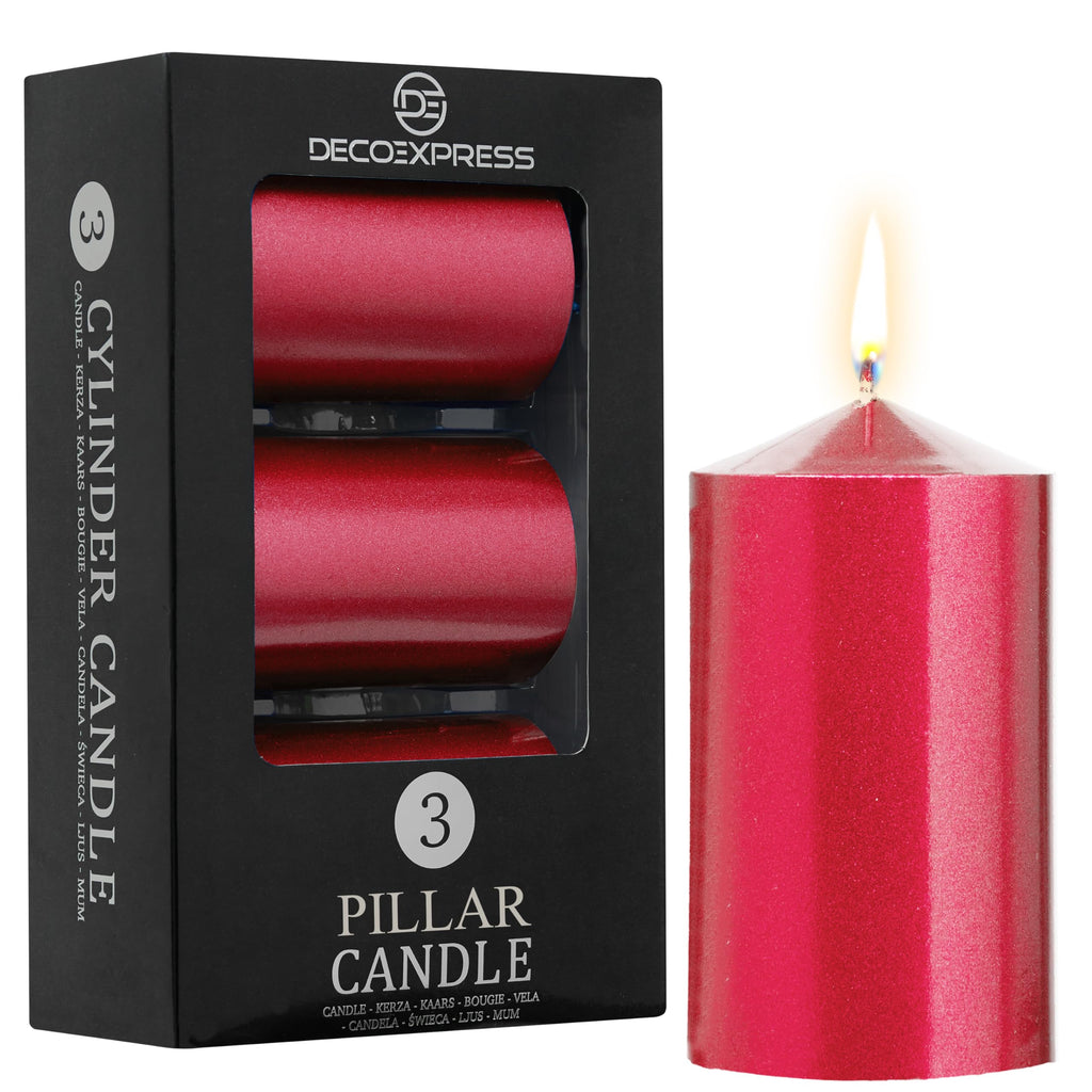 DECO EXPRESS Metallic Pillar Candle Set, 3 Pack, Candles Long Burn Time, 30 Hours, Odourless (Silver - Pack of 3)