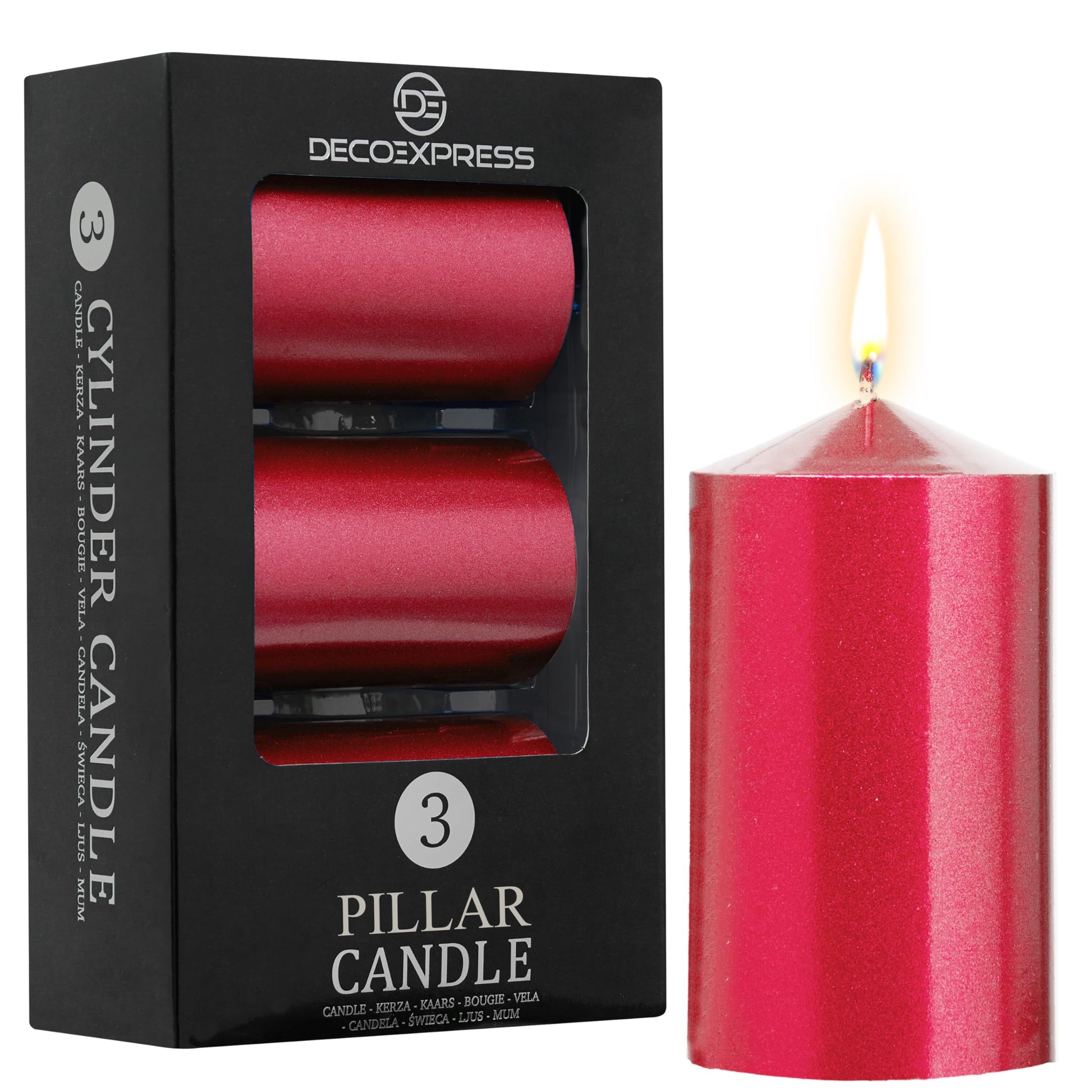 DECO EXPRESS Metallic Pillar Candle Set, 3 Pack, Candles Long Burn Time, 30 Hours, Odourless (Silver - Pack of 3)