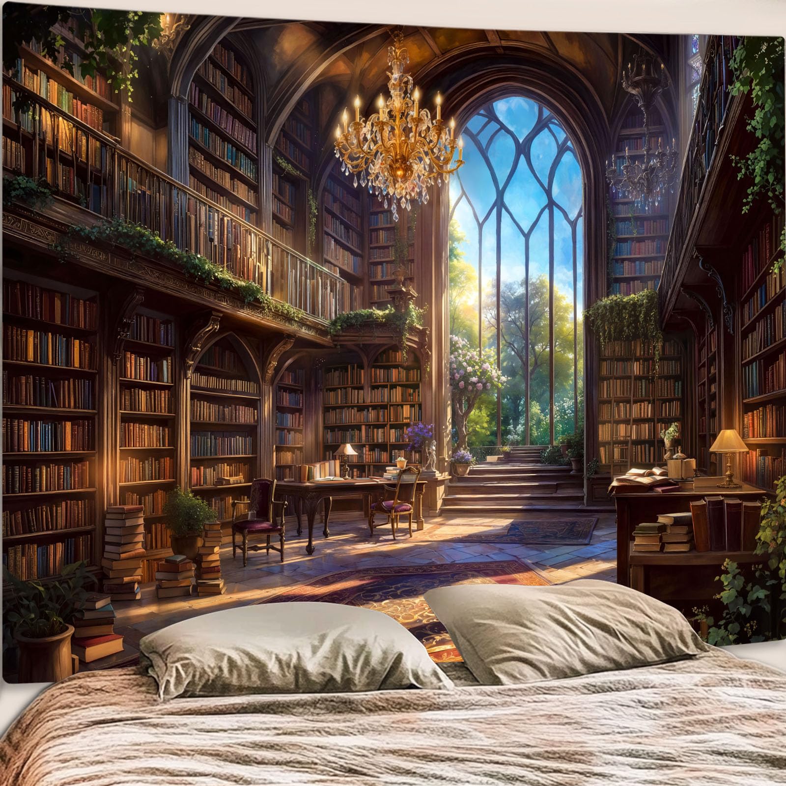 Accnicc Forest Library Tapestry Tree Bookshelf Tapestries Wall Hanging Vintage Fantasy Fairy Treehouse Book Large Tapestry for Bedroom Living Room Dorm Classroom 80 x 60 inch