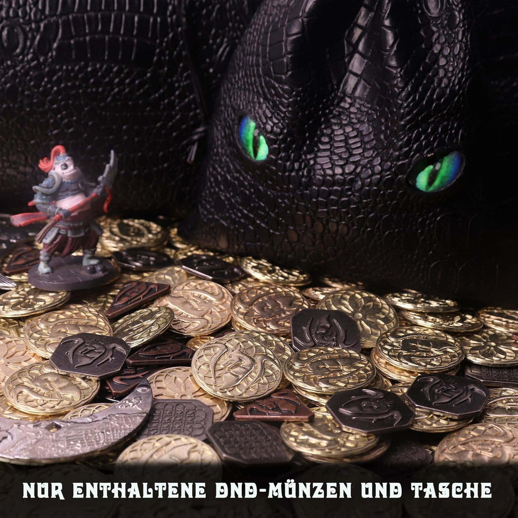 Byhoo 145pcs Metal DND Coins & Leather Case, Contains 60 Gold Coins, 40 Silver Coins, 40 Copper Coins and 5 Platinum Coins, Token with Glow in The Night Eyes Bag for RPG Tablelap Games