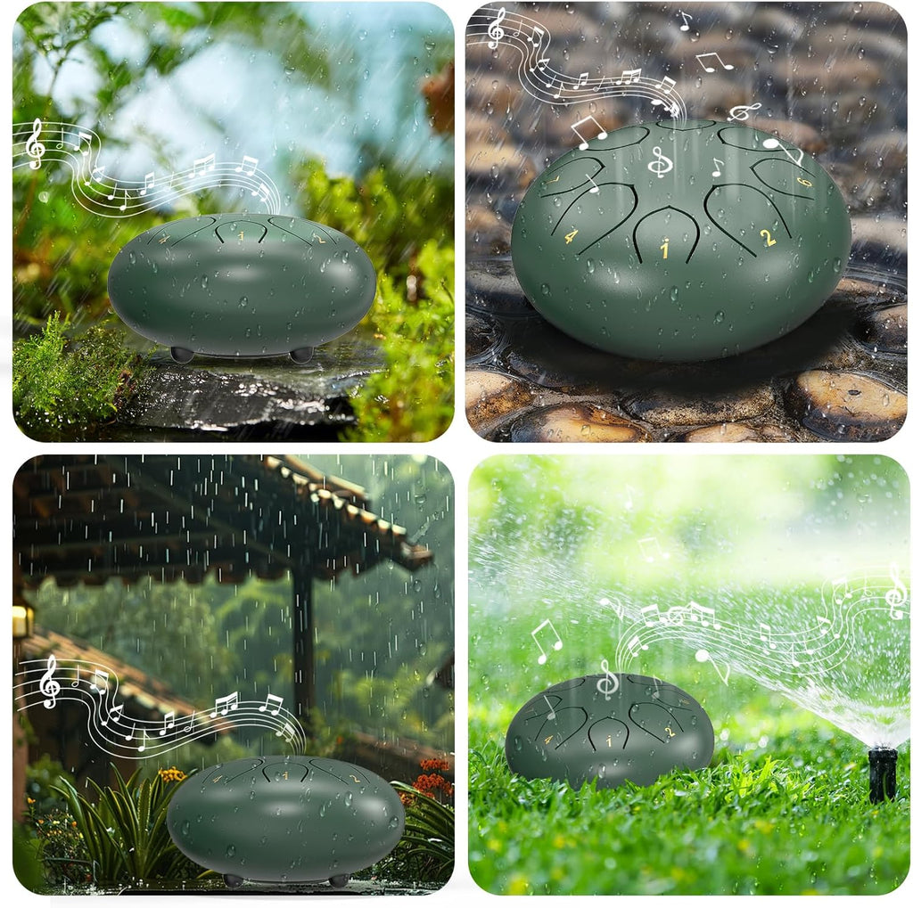 Rain Drum for Outside Garden, 6 Inches 8 Notes Steel Tongue Chakra Drums, Waterproof Meditation Rain Chime, Musical Instruments for Adult Gift with Bag, Music Book, Drum Mallets (Green)