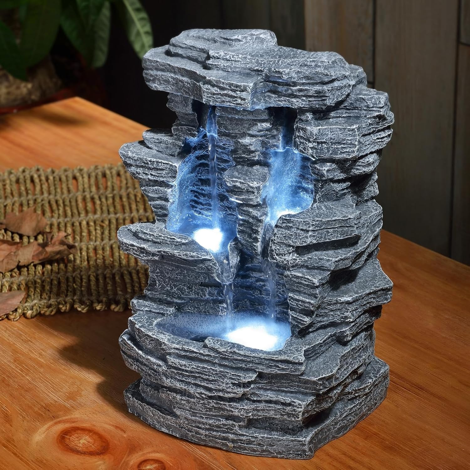 Zen'Light - Zimmerbrunnen Grand Canyon - Wasserfall in Steinoptik - Weiße LED-Beleuchtung - Moderne Zen Deko, Ideal für Meditation & Entspannung - Feng Shui - H 28cm, Grau