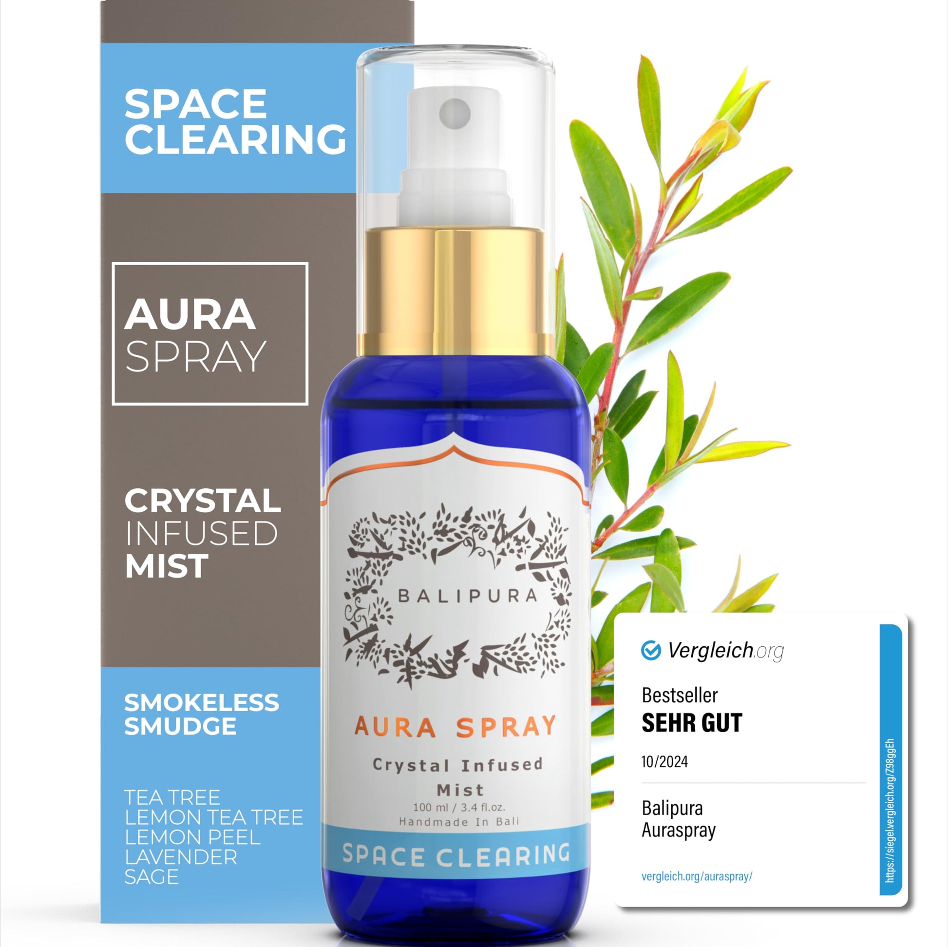 BALIPURA - Aura Healing Spray Mist - Enriched with Healing Crystals and Organic Essential Oils - Gift Set with Canvas Bag 4 x 30ml