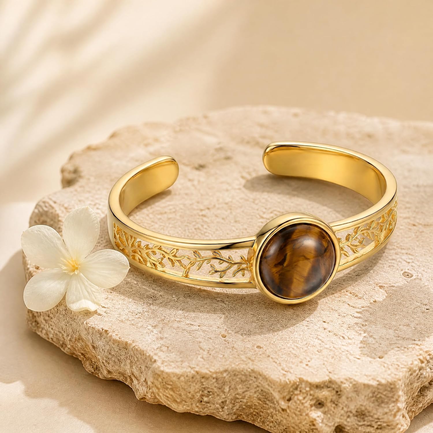 Tiger Eye Tree of Life Cuff Bracelet 14k Gold Plated Open Bangle