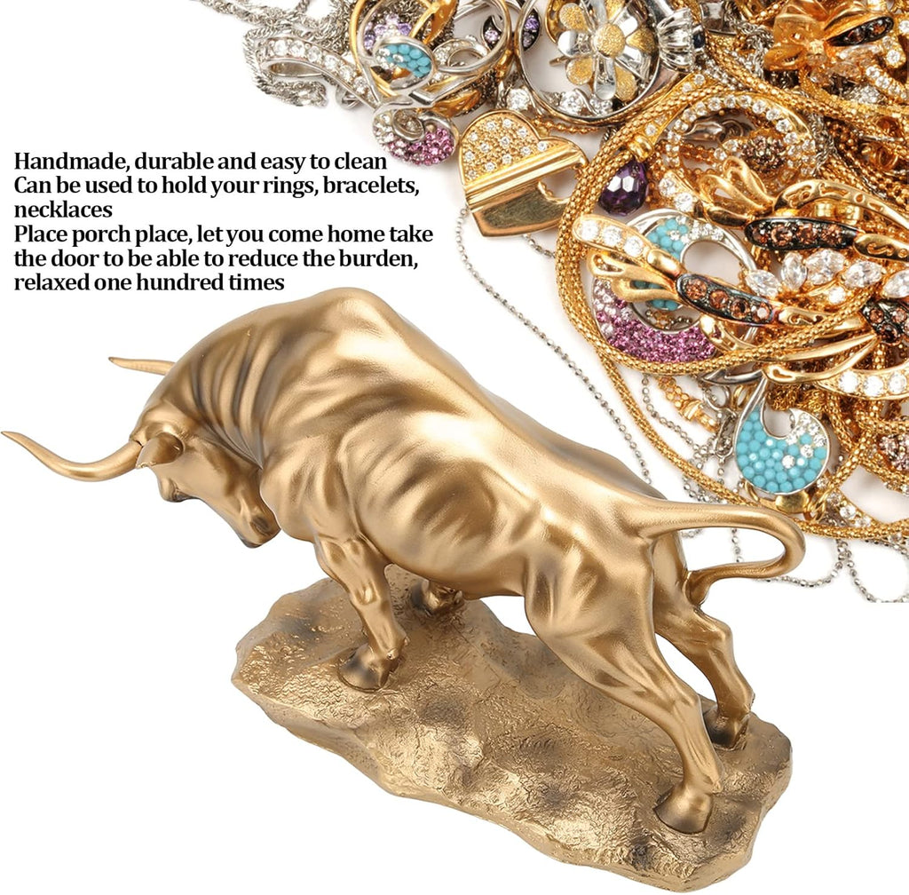Golden Feng Shui Bull Sculpture Made of Resin - Ox Figure for Happiness, Career and Wealth - Chinese Souvenir, Gift, Home Office Table Decoration for TV Cabinet