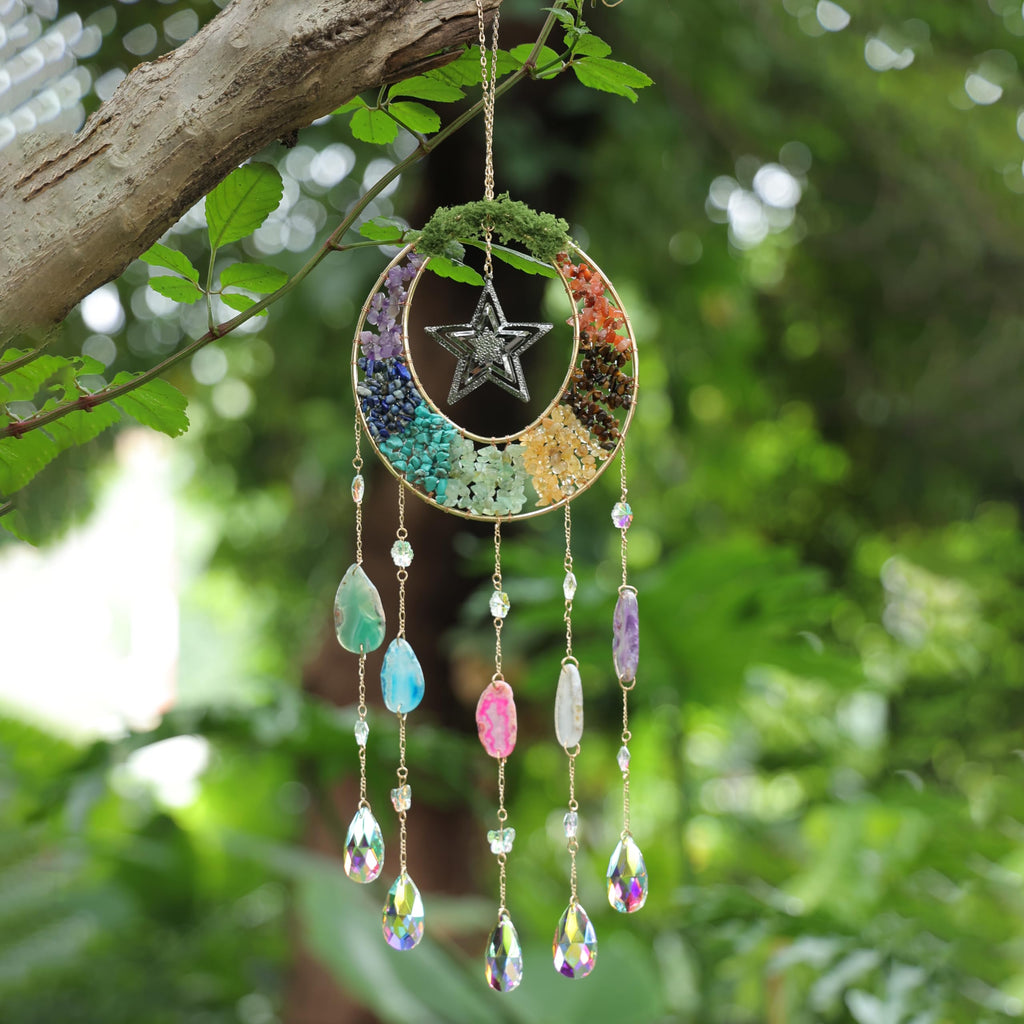 Moon Agate Dream Catcher Handmade Tree of Life Wall Decor with Stones