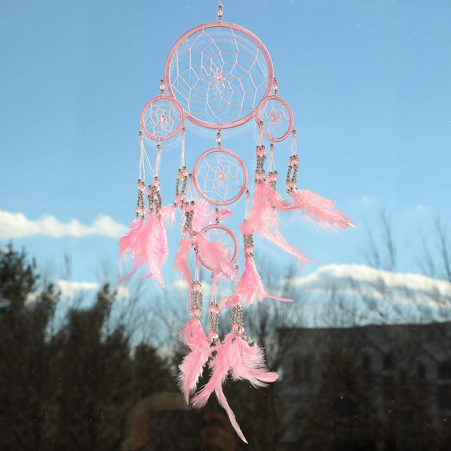 Pink Pineapple Dreamcatcher mit Federn und Silber Perlen: Handgemachter Traumfänger Vielen Farben Erhältlich - Kleine Traumfanger Mit 12 cm Durchmesser und 35 cm Lang (Rosa)