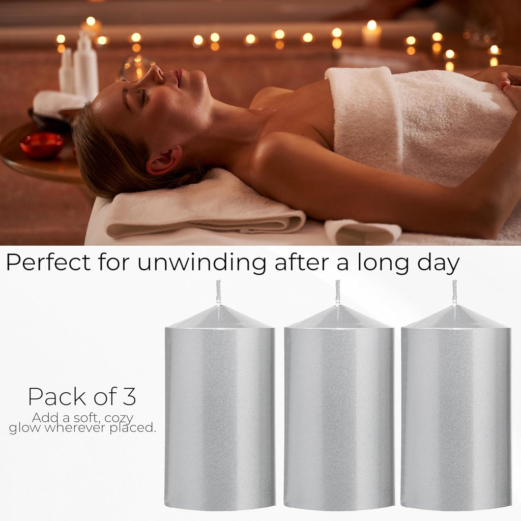 DECO EXPRESS Metallic Pillar Candle Set, 3 Pack, Candles Long Burn Time, 30 Hours, Odourless (Silver - Pack of 3)
