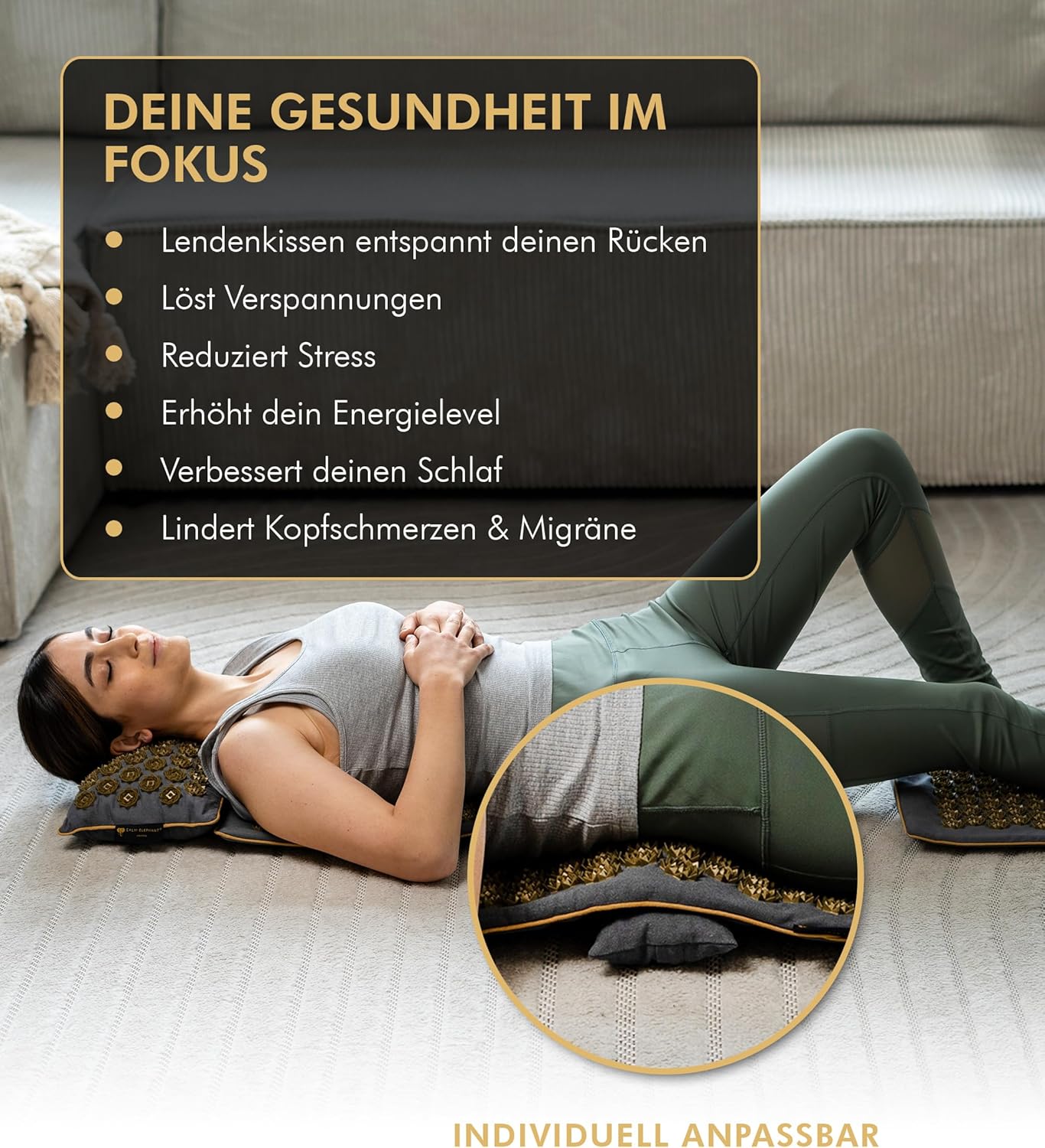 CALM ELEPHANT ORIGINAL® Akupressurmatte mit Kissen XXL Set GENUINE 5-teilig, Massagematte Rücken, Verspannungen lösen, Akupunktur Matte, Kissen mit Wärmefunktion, Lendenkissen, Fußmatte & Tasche, grau