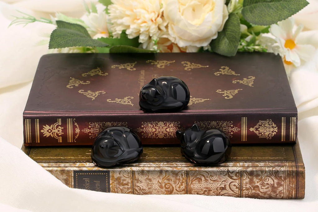 QINJIEJIE Obsidian Katzen Deko Kristalle Heilsteine Schwarze Katze Figuren Dekor Geschenk für Katzenliebhaber Edelsteine Glück Kätzchen Geschenke für Frauen
