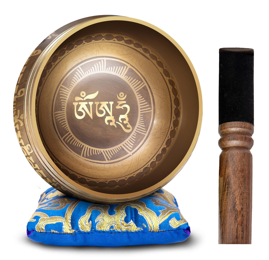 Premium Tibetan Singing Bowl Set – Handmade in Nepal Sound & Meditation Bowl – Spiritual Decor for Yoga, Wellness Spaces & Relaxation by Himalayan Bazaar (Brown & Red)