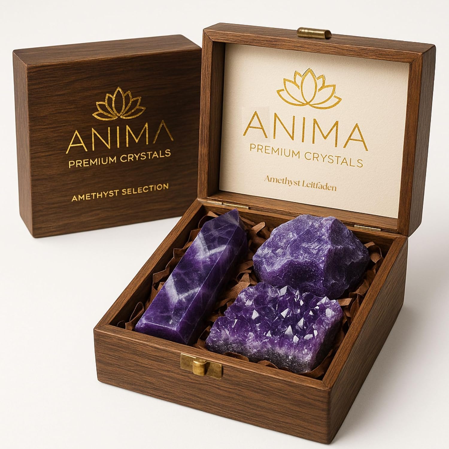 Anima Premium Amethyst Stone Set - Amethyst Tower, Cluster and Raw Crystal - Large Crystals and Healing Stones in Wooden Box - Ideal Spiritual Gift for Women for Meditation and Restful Sleep