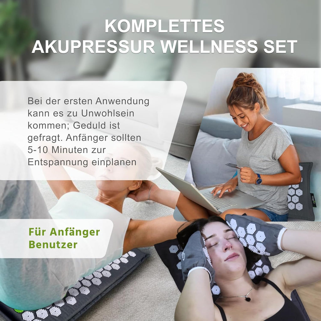 Akupressurmatte Set mit Kissen, Tasche, Massagehandschuhe, akupunktur matte, Entspannung geschenk, massagematte, akkupressmatte Hilfe bei Verspannungen, Rückenschmerzen - Caspor®