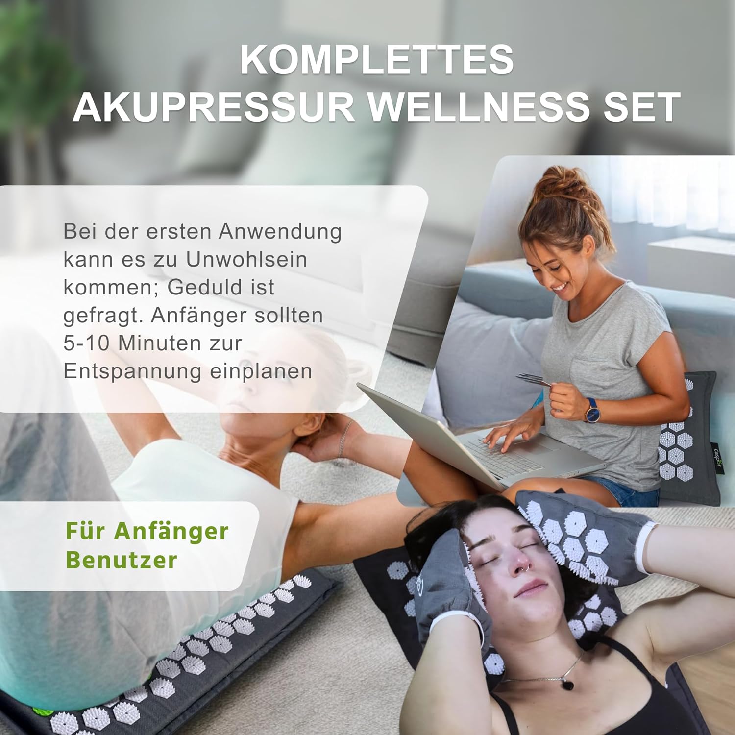Akupressurmatte Set mit Kissen, Tasche, Massagehandschuhe, akupunktur matte, Entspannung geschenk, massagematte, akkupressmatte Hilfe bei Verspannungen, Rückenschmerzen - Caspor®