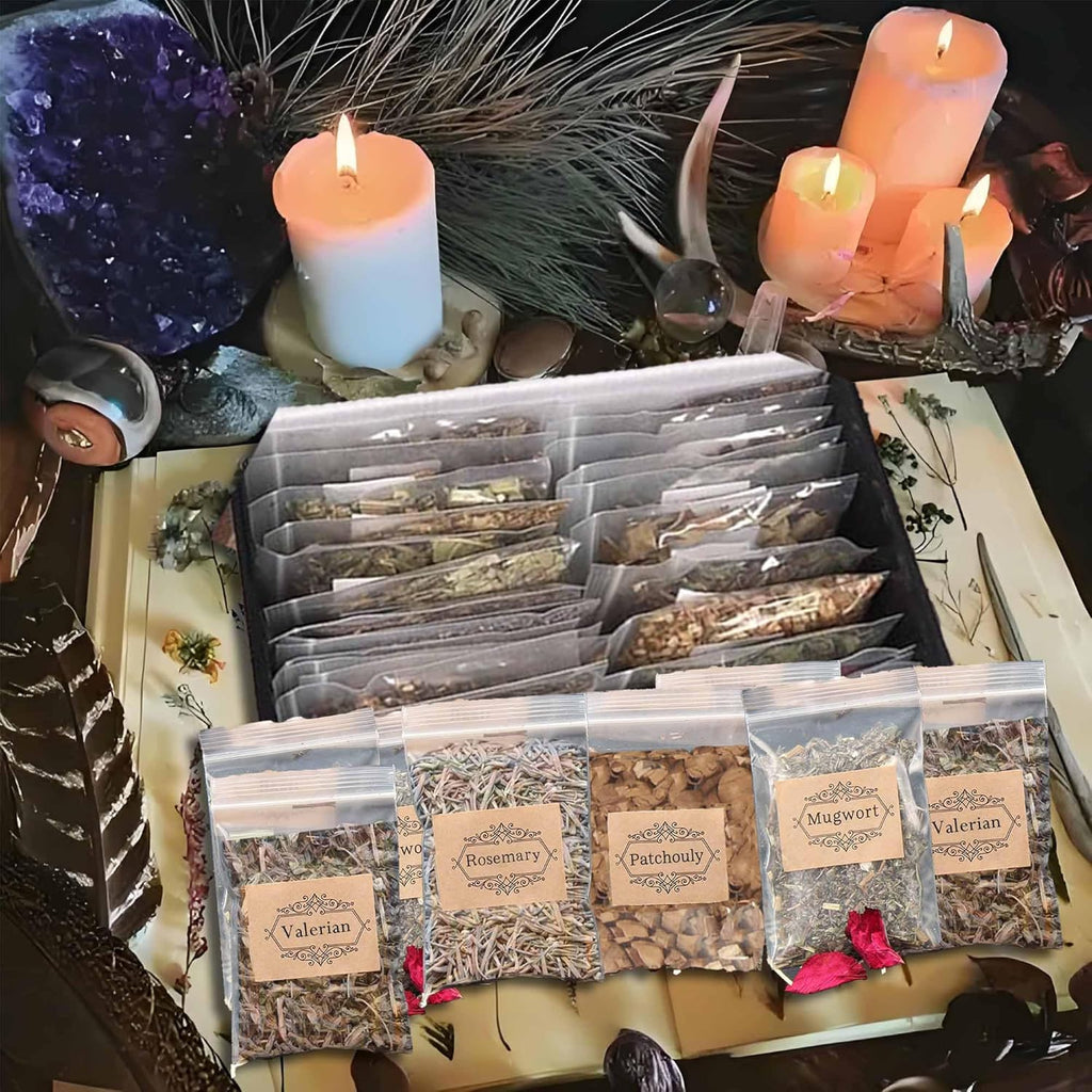 Hexenwerk-Set - 27-teilig mit Kräutern, getrockneten Pflanzen & Blumen, Pagan- und Wicca-Zubehör, Kerzenmach-Set für Erwachsene, Mystische Geschenke für Frauen