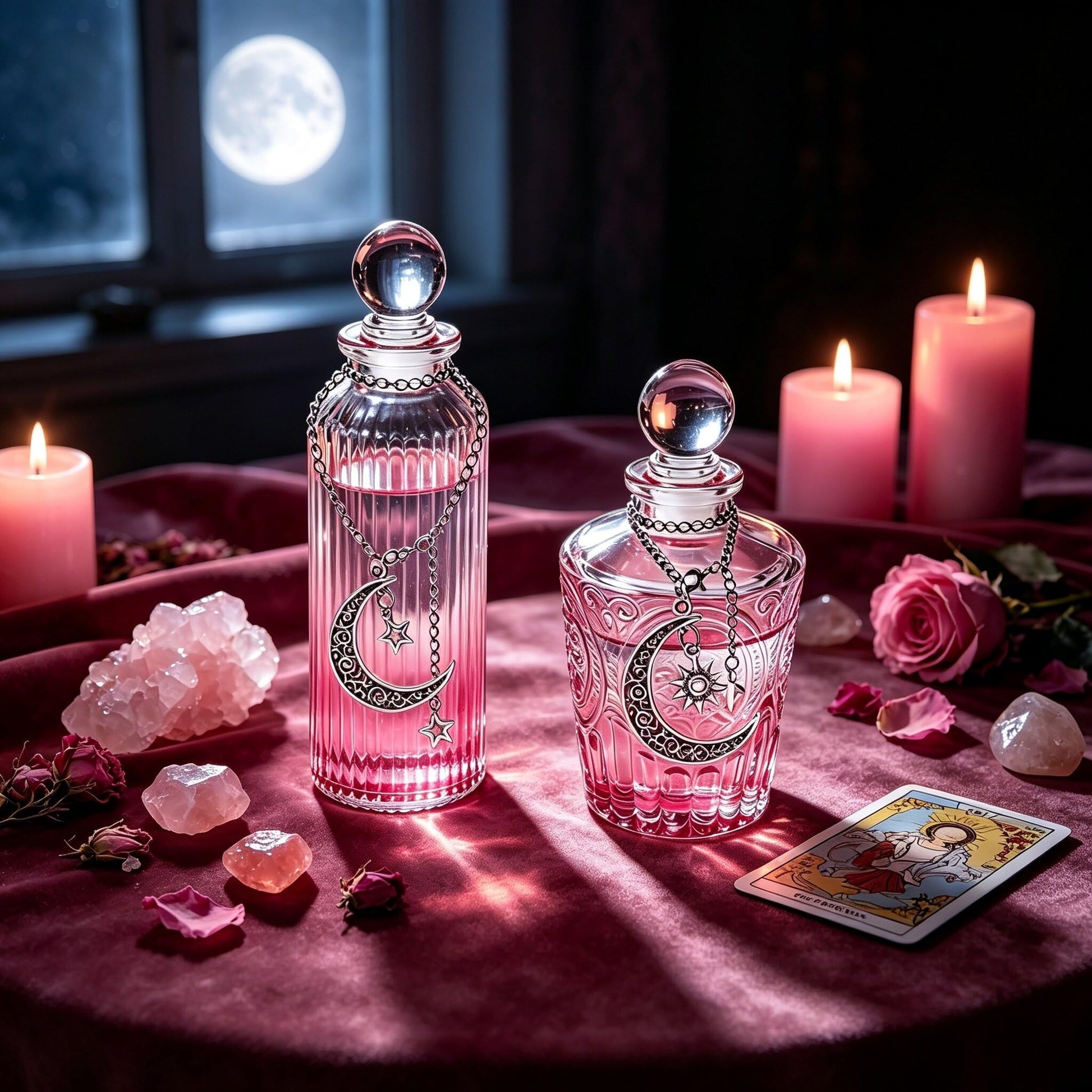 2PC Moon Water Bottle Set Glass Apothecary Jar with Lid & 2 Moon Chains for Spell & Potion Crafting Meditation Intention Setting Witchcraft Supplies (Indigo Third-Eye Intuition (2PC))