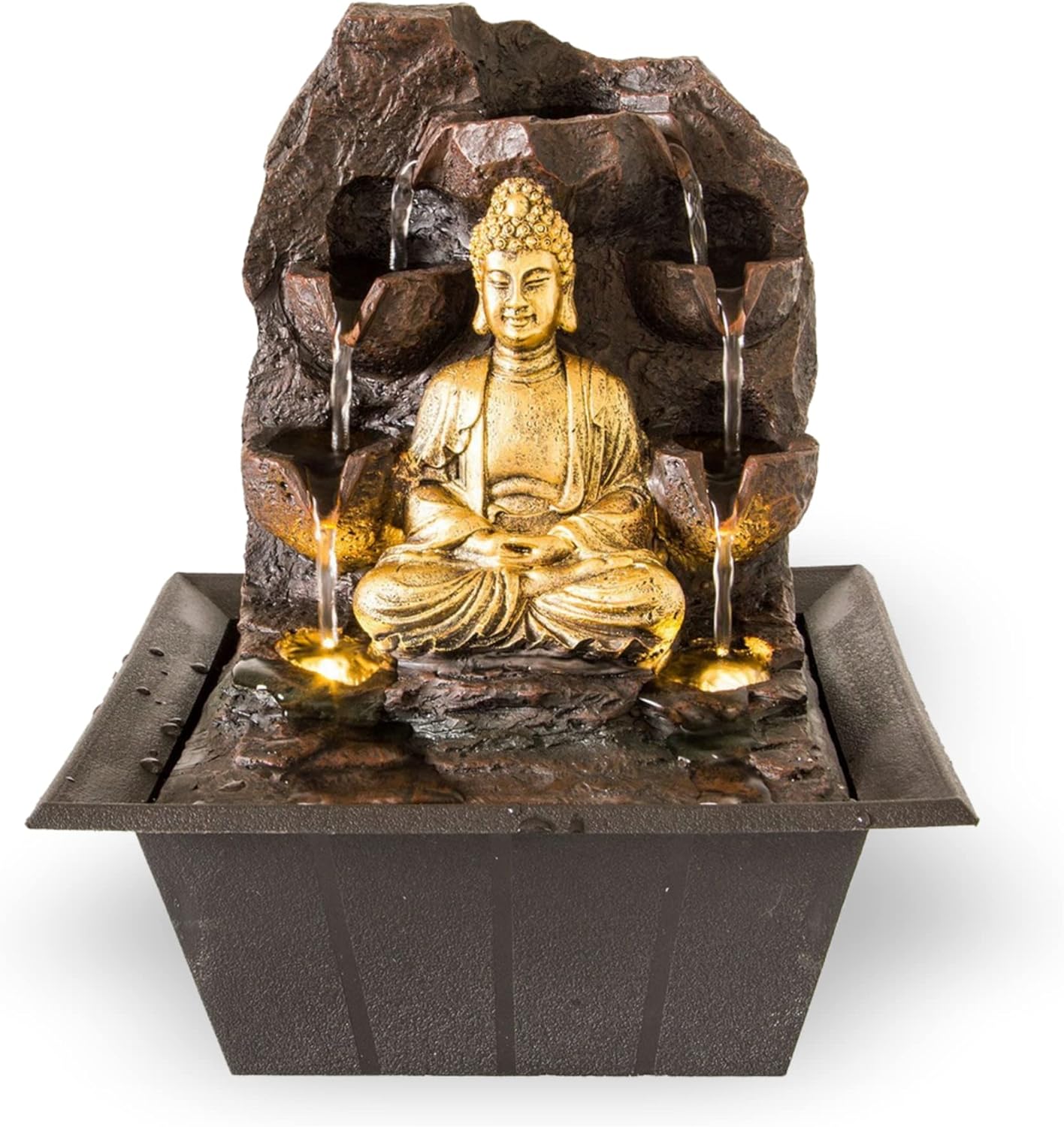 Indoor Fountain Golden Buddha with LED Lighting Table Fountain with Waterfall Decorative Fountain in Rock Look Zen Feel-Good Fountain for Home
