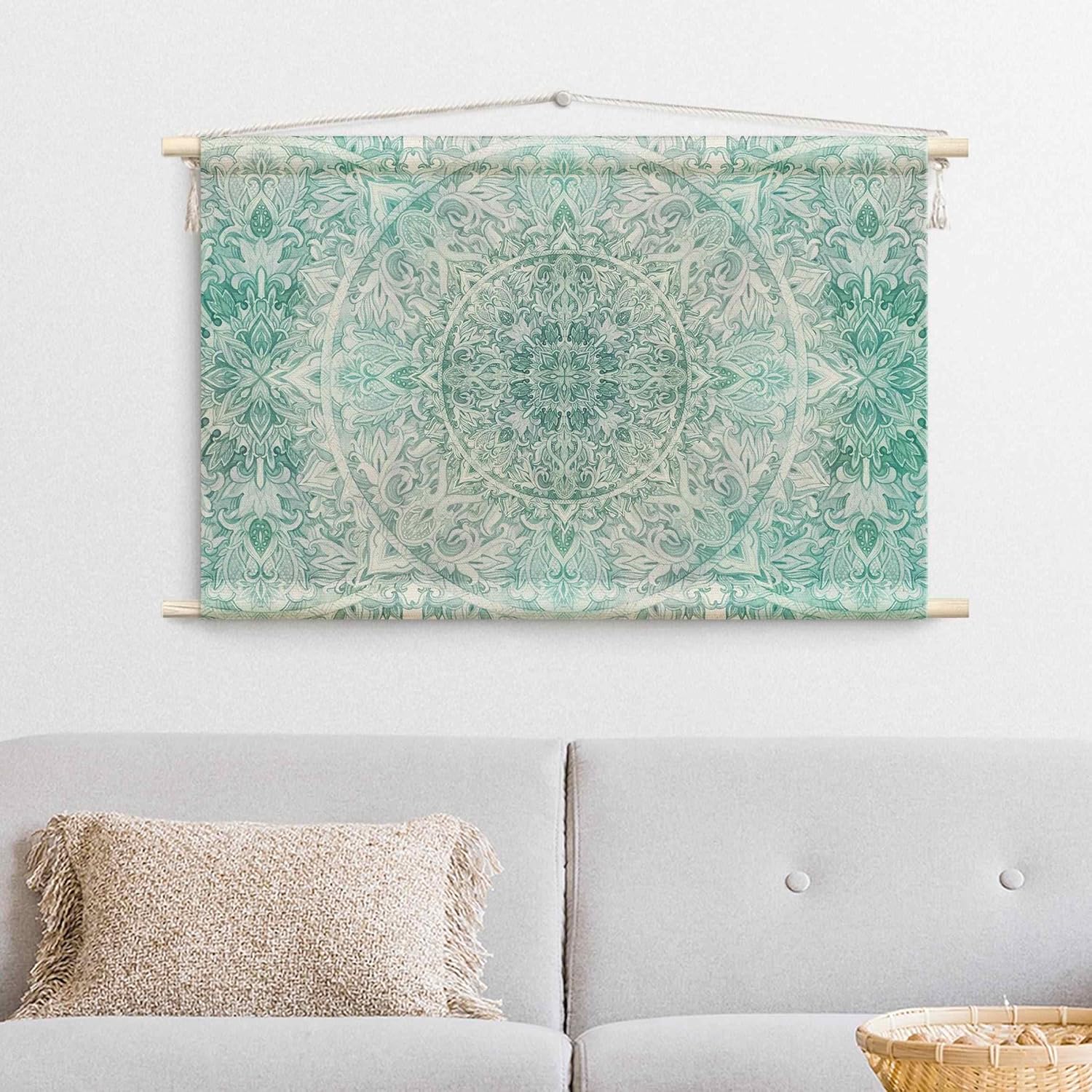 micasia Wandteppich Spirituell Stoffbild inkl. Holzstäbe & Seile Wanddeko - Made in Germany - Mandala Aquarell türkis Wohnzimmer Schlafzimmer Wandbehang 1593 (90x60cm)
