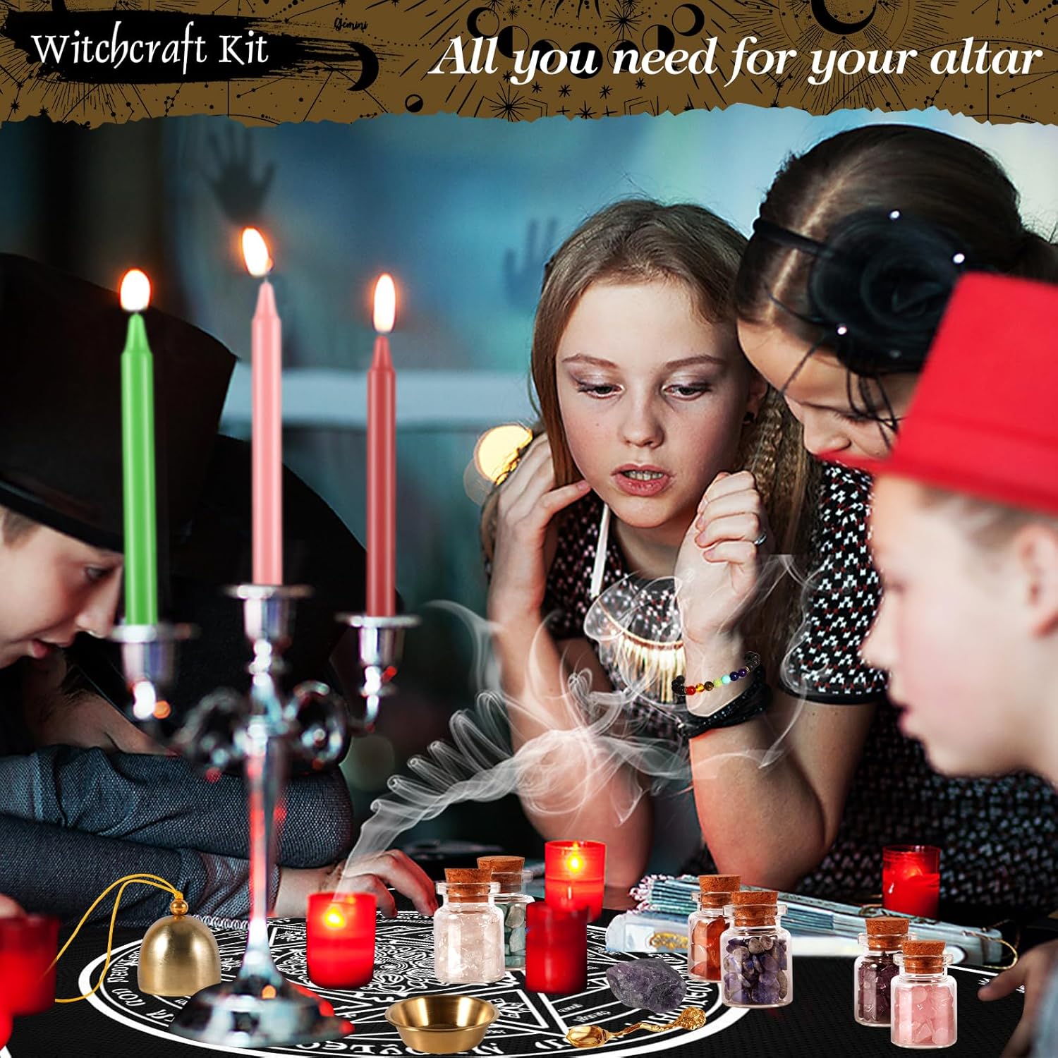 VIPNAJI Starter Witch Kit 64 Pieces Witchcraft Kit, Candles Small, Dried Flowers, Crystals, Measuring Spoons, Parchment Paper, Tumbled Gemstone Crystal Chips for Chimes, Magic, Witchcraft, Wish You