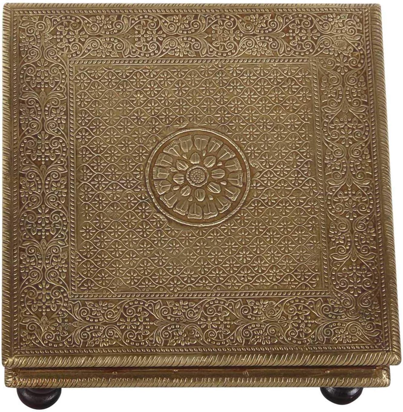 Casa Moro Oriental Stool Side Table Aroon L Made of Wood with Fine Brass Inlaid 30 x 30 x 15 cm (W x D x H) Crafts from the Orient Bajot Table Gold Brown MA25-70