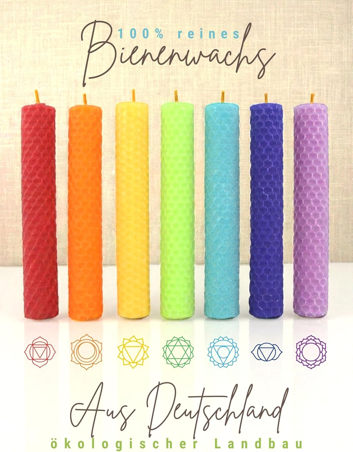 Chakra Candle Set, 7 Ritual Candles Made of Pure Beeswax, Hand Rolled from Germany, Hemp Wicks, Approx. 4 Hours Burning Time, Taper Candles in Chakra Colours for Meditation and Yoga