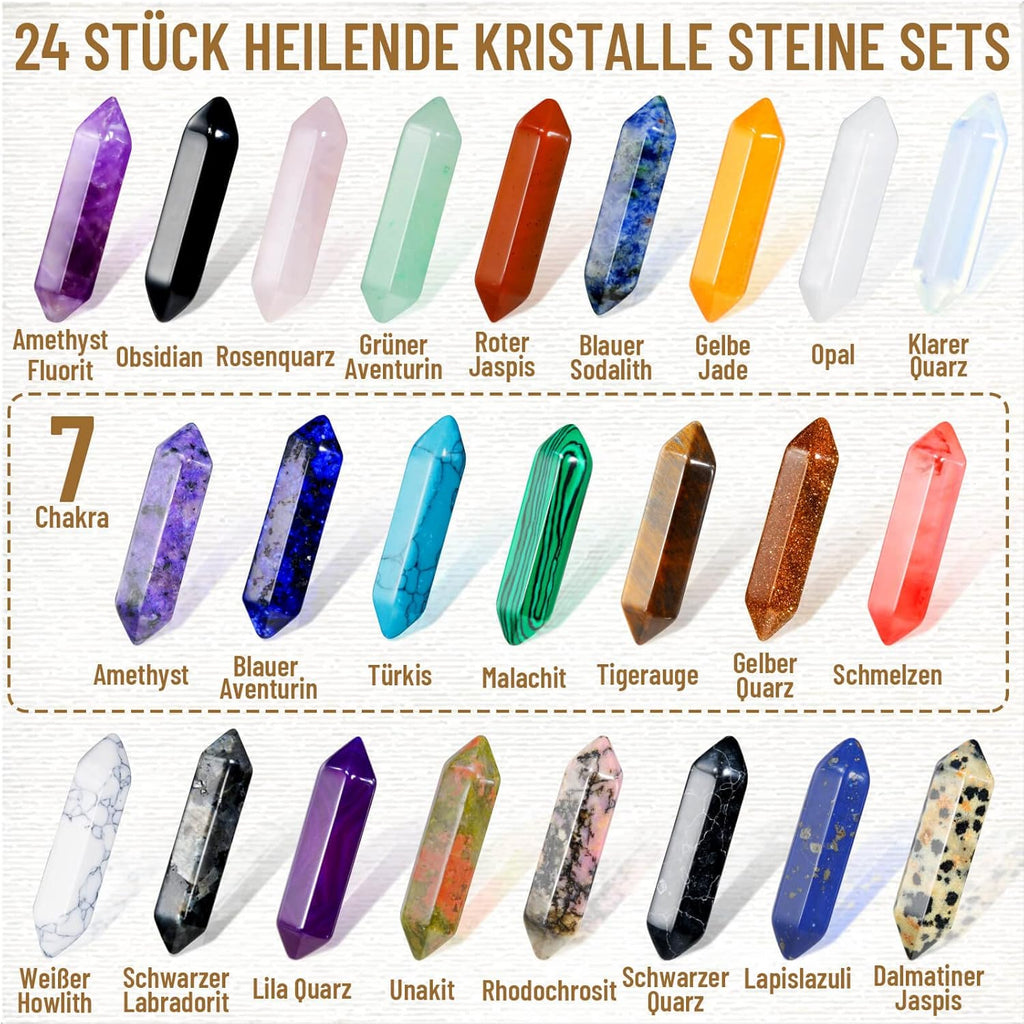 24Stück Heilende Kristalle Steine Sets, Sechseckige Heilkristalle Reiki Meditation Edelstein Chakra Steine Amethyst Tigerauge Obsidian Malachit Heilsteine Anhänger Spirituelle Deko Esoterik Geschenke