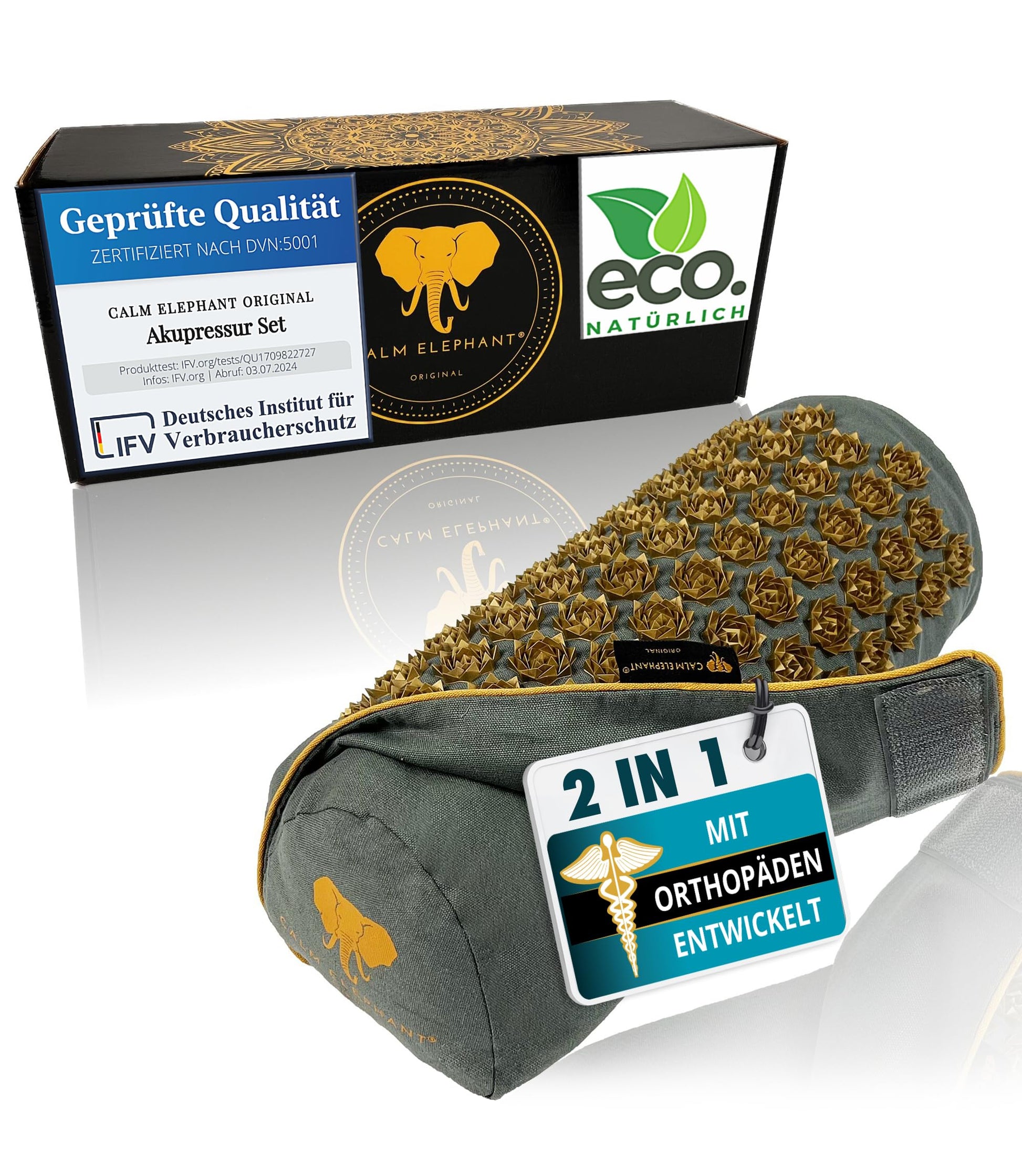 CALM ELEPHANT ORIGINAL® Akupressurmatte mit Kissen XXL Set GENUINE 5-teilig, Massagematte Rücken, Verspannungen lösen, Akupunktur Matte, Kissen mit Wärmefunktion, Lendenkissen, Fußmatte & Tasche, grau
