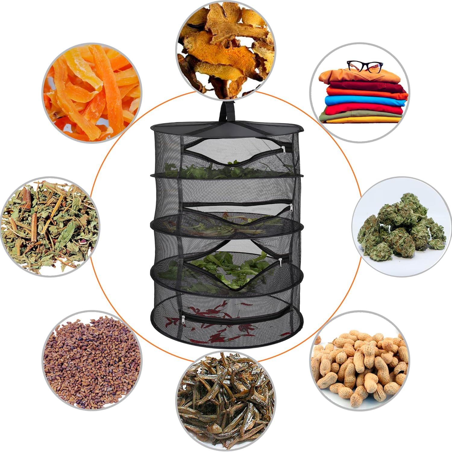 Desy & Feeci Tockennetz Kräuter 4-lagiger Hängendes Kräuter Trockengestell Trockennetz mit Reißverschlüssen, Schwarz, 60x80cm