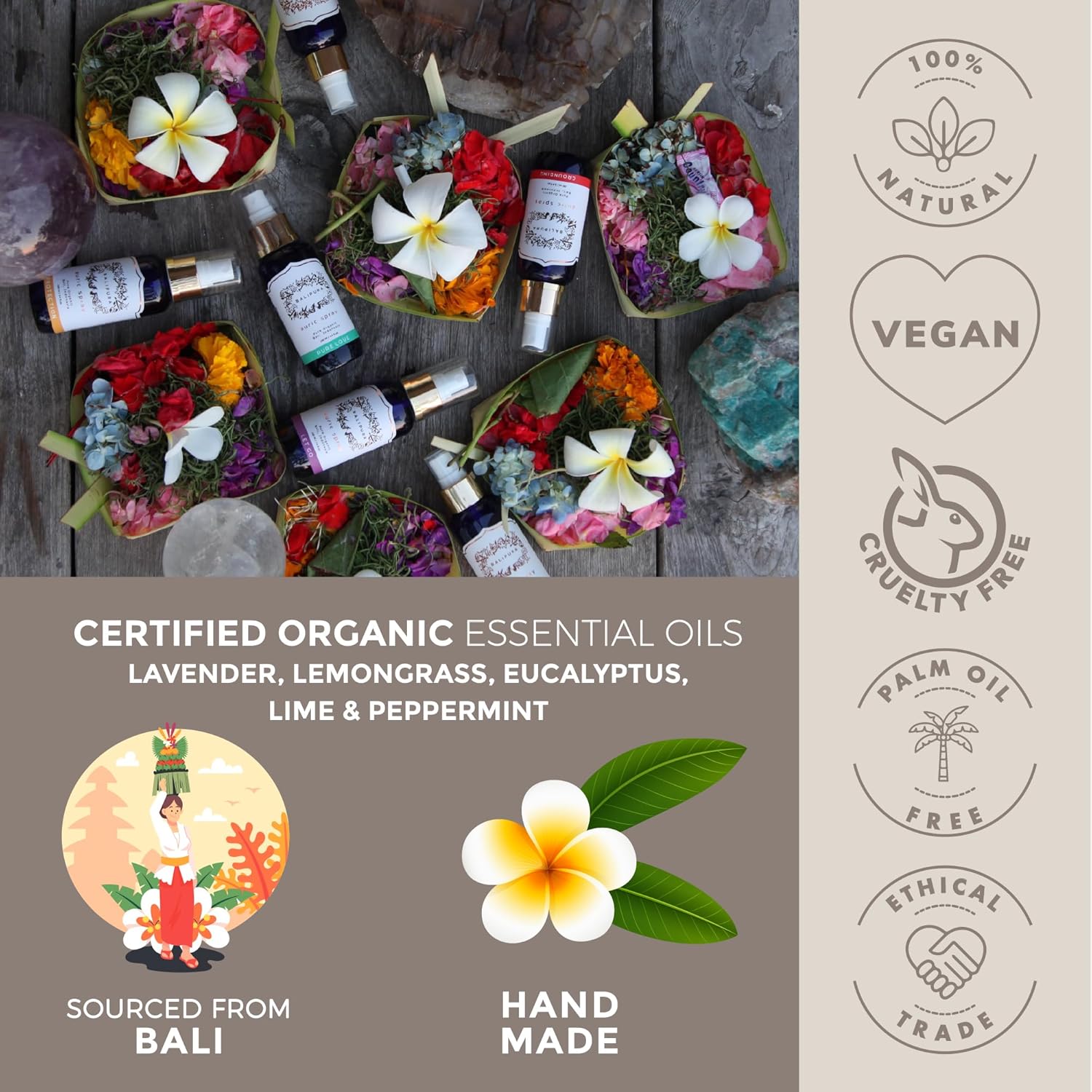 BALIPURA - Healing Crystals Auric Mixtures of Essential Oils of Lavender and Lemongrass, Black Tourmaline, Smoky Quartz and Citrine. "Protection" Aura Mist Handmade in Bali, 100 ml