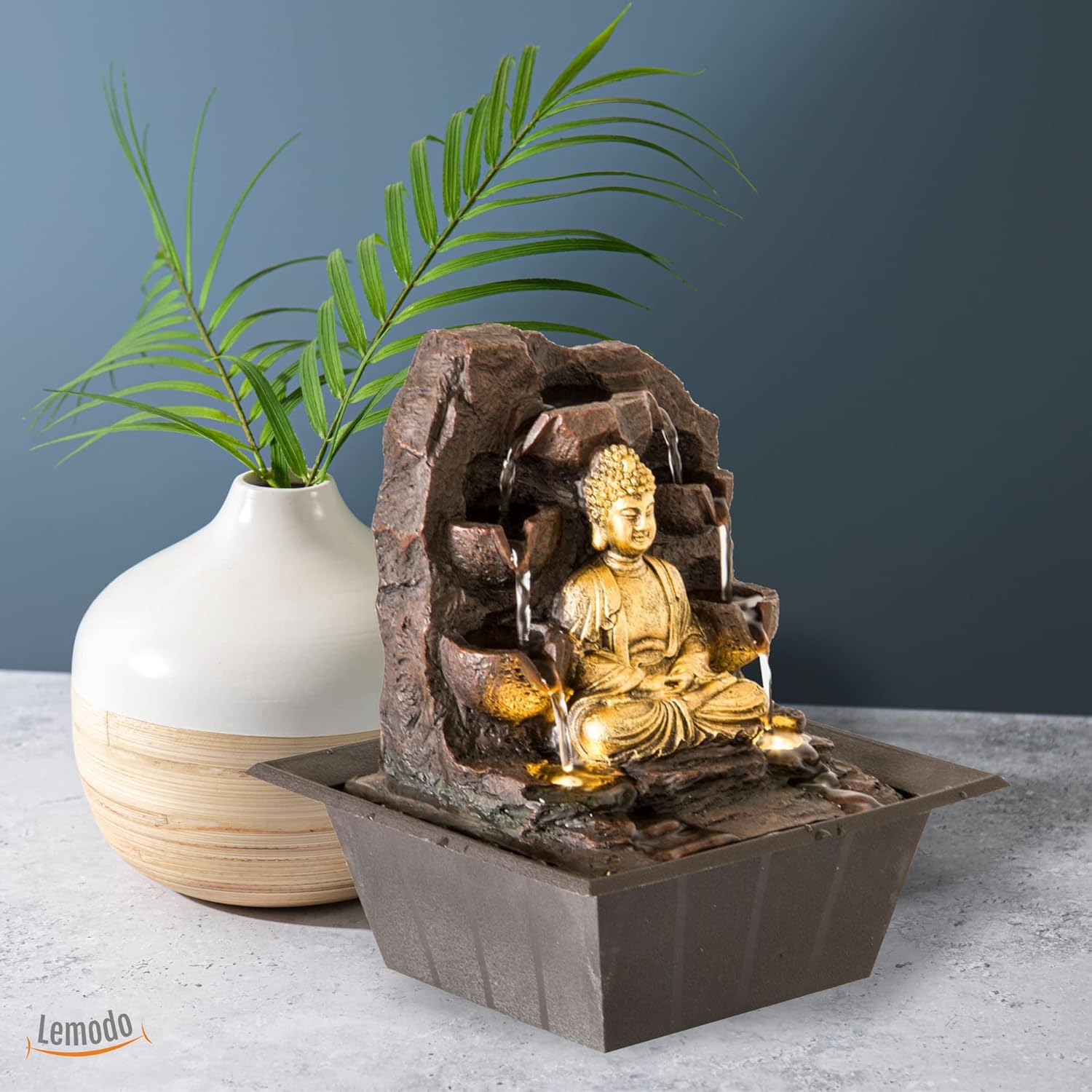 Indoor Fountain Golden Buddha with LED Lighting Table Fountain with Waterfall Decorative Fountain in Rock Look Zen Feel-Good Fountain for Home