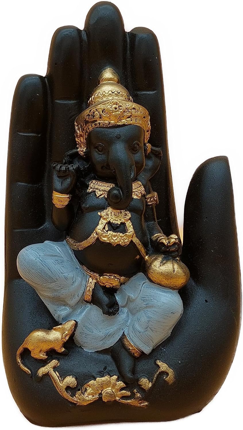 Hand Palm Glücksgott Ganesha Statue Marmor Harz schwarz Gold 17x9,5x6,5 cm | Dekoration Spiritualität Glück Harmonie