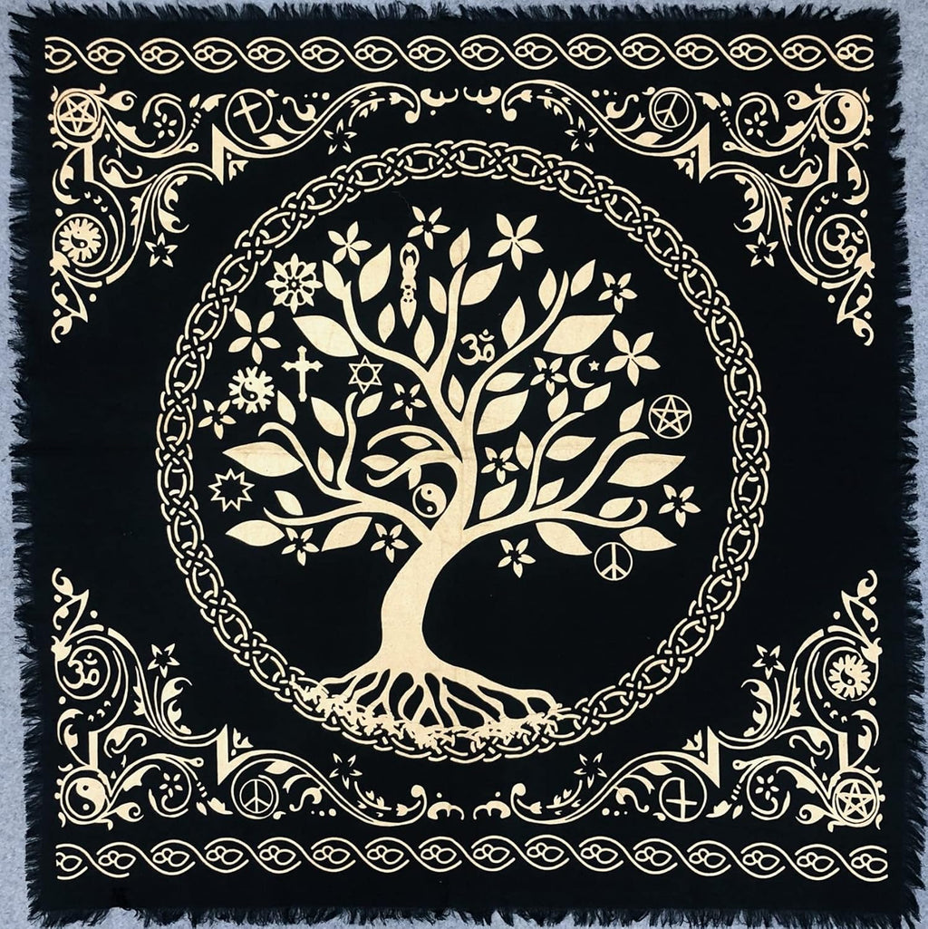 THE ART BOX Altar Cloth Tarot Cards Napkins Witchcraft Accessories Black Gold Tablecloth Square Spiritual Heavenly Cloth with Fringes, Tree of Life, 18 x 18 Inches