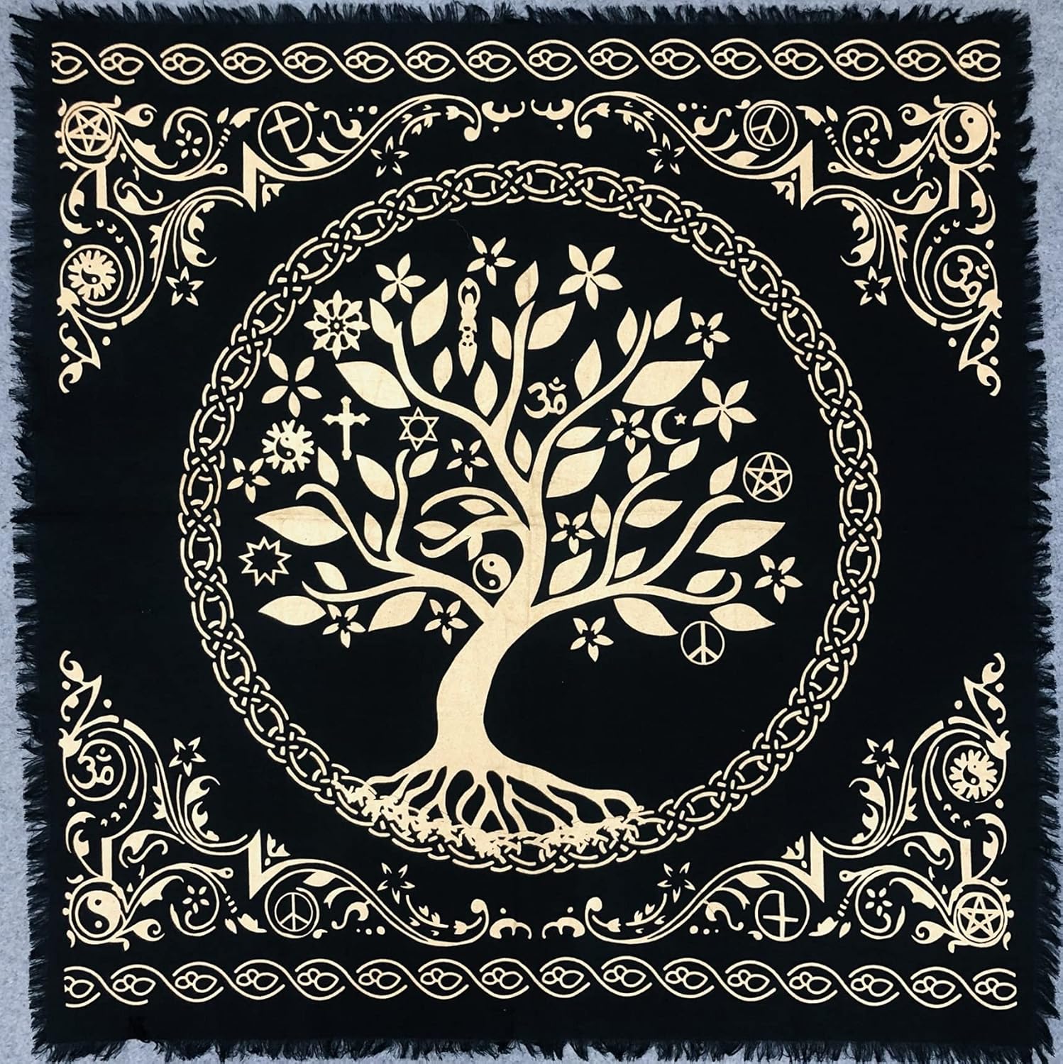 THE ART BOX Altar Cloth Tarot Cards Napkins Witchcraft Accessories Black Gold Tablecloth Square Spiritual Heavenly Cloth with Fringes, Tree of Life, 18 x 18 Inches