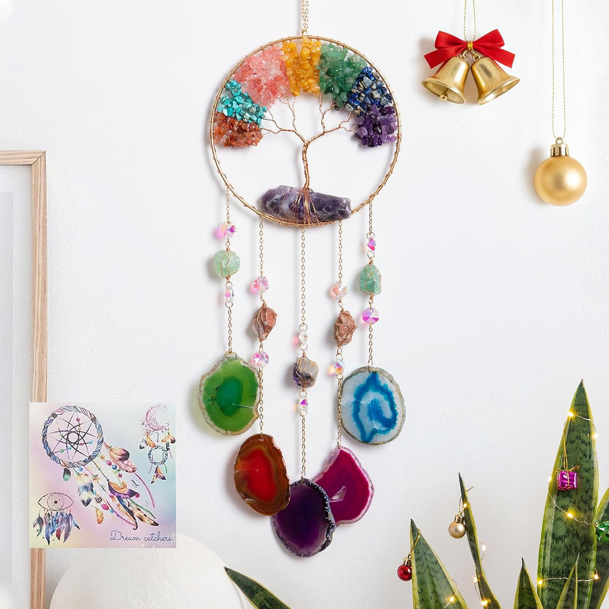 Moon Agate Dream Catcher Handmade Tree of Life Wall Decor with Stones
