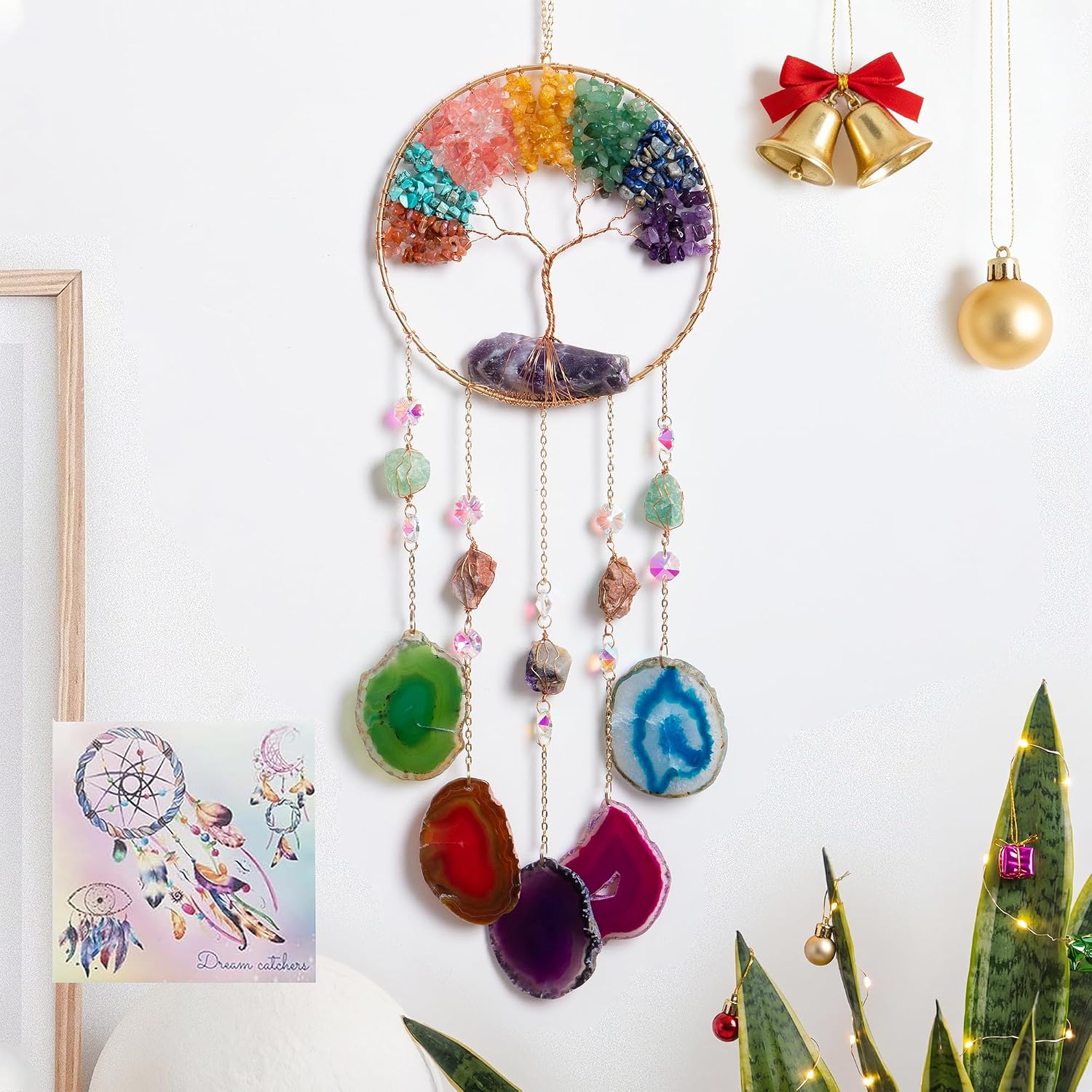 Moon Agate Dream Catcher Handmade Tree of Life Wall Decor with Stones