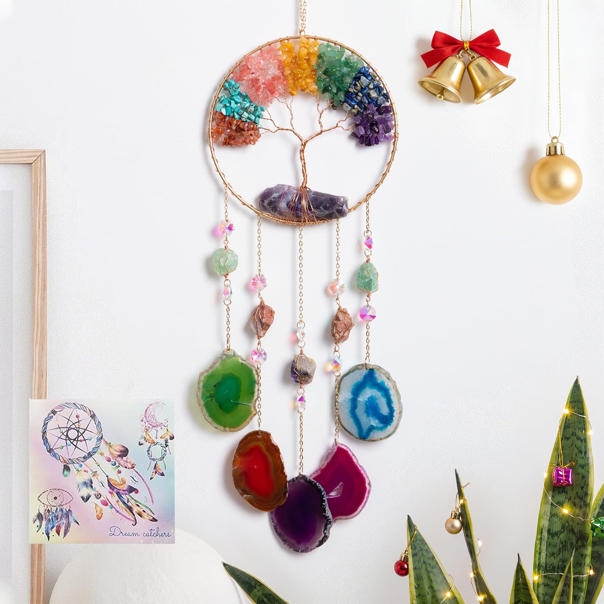 Tree of Life Dream Catcher with Natural Stone Boho Wall Hanging Decor