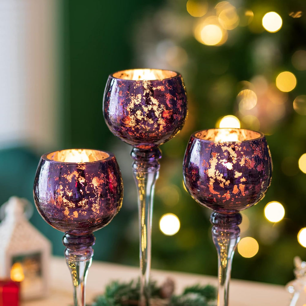 Teelichthalter Glas Teelicht Kerzenhalter - 3 Stück Quecksilberglas Kerzenständer für Tischdekoration Violett Teelichtgläser für Säule und Schwimmende Kerzen Weihnachts Wohnzimmer Deko